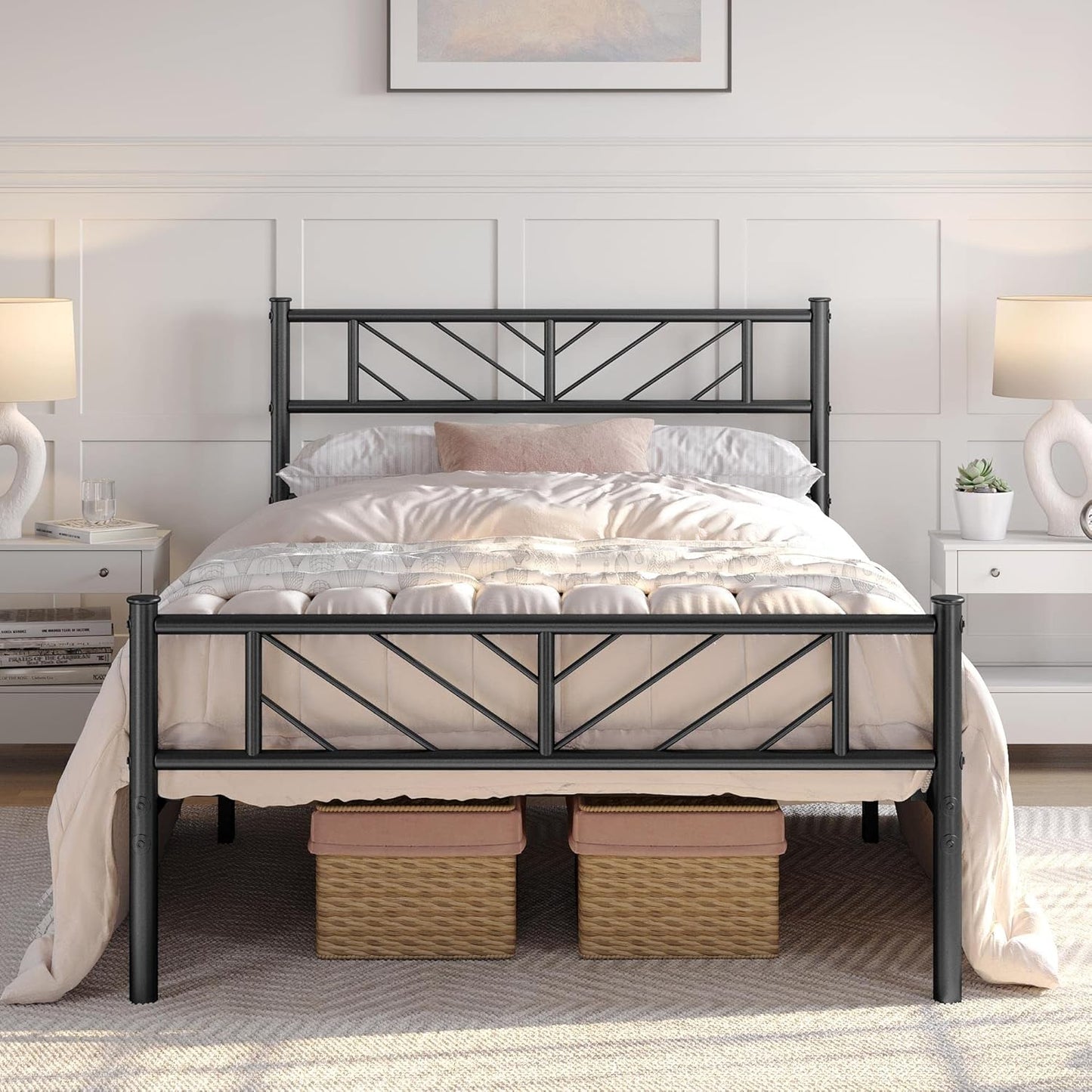 Platform Bed Frame with Arrow Design Headboard, and Storage Space No Box Spring Needed