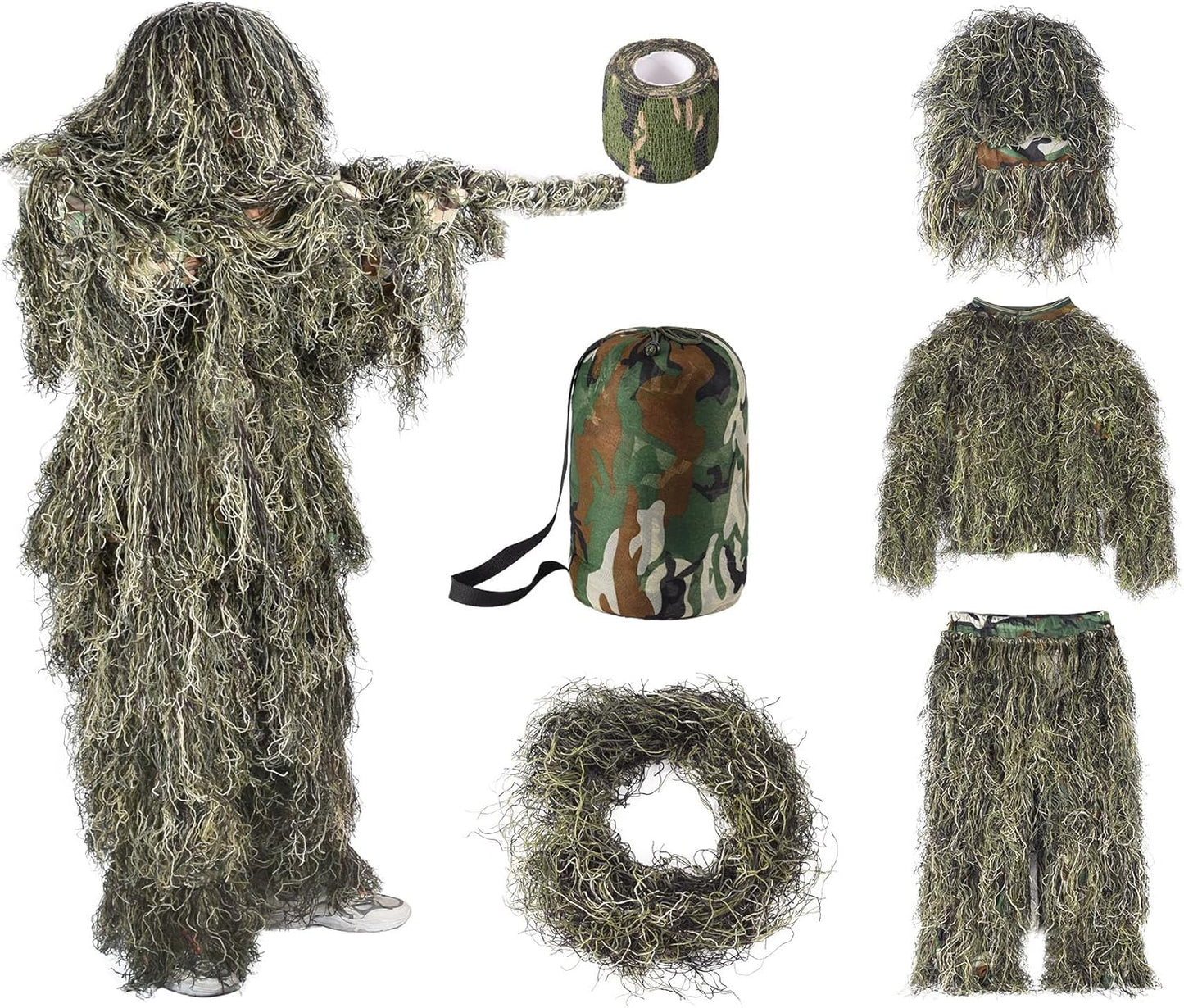 6 in 1 Ghillie Suit, 3D Camouflage Hunting Apparel Including Jacket, Pants, Hood, Carry Bag and Camo Tapes