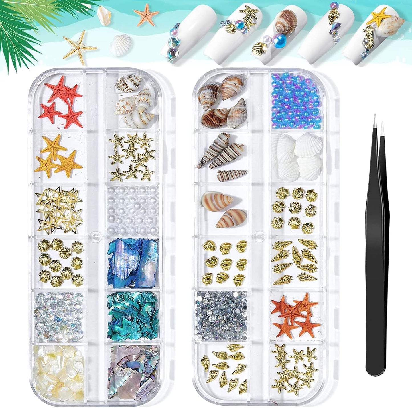 2 Boxes Summer Beach Nail Art Rhinestones Accessories Ocean Theme Shell Starfish Conch Nail Studs Sea Series Nail Art Rivets Charms Supplies for Nail Art Designs DIY Manicure Decoration