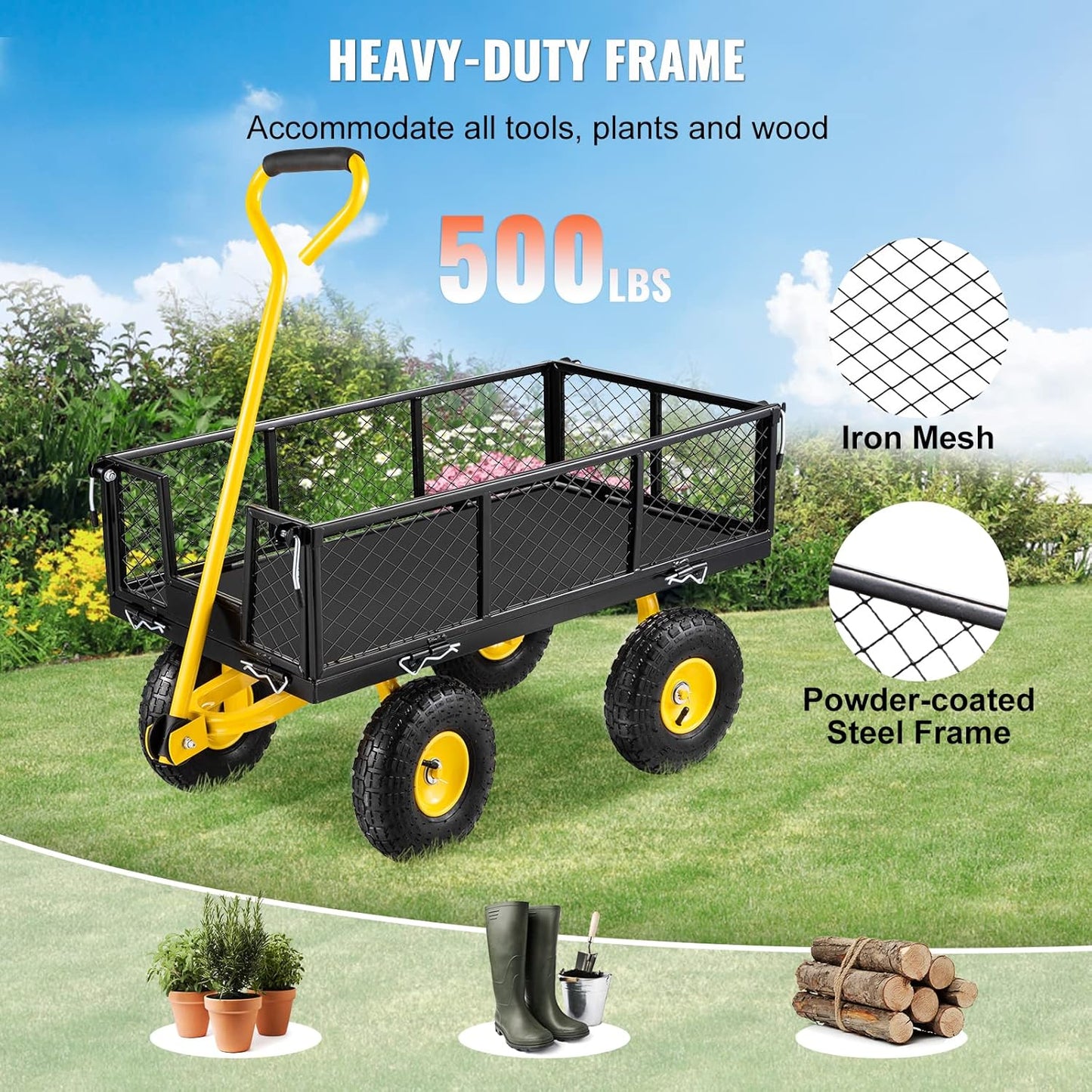 Steel Garden Cart, Heavy Duty 900 lbs Capacity, with Removable Mesh Sides to Convert into Flatbed, Utility Metal Wagon with 180° Rotating Handle and 10 in Tires, Perfect for Garden, Farm, Yard