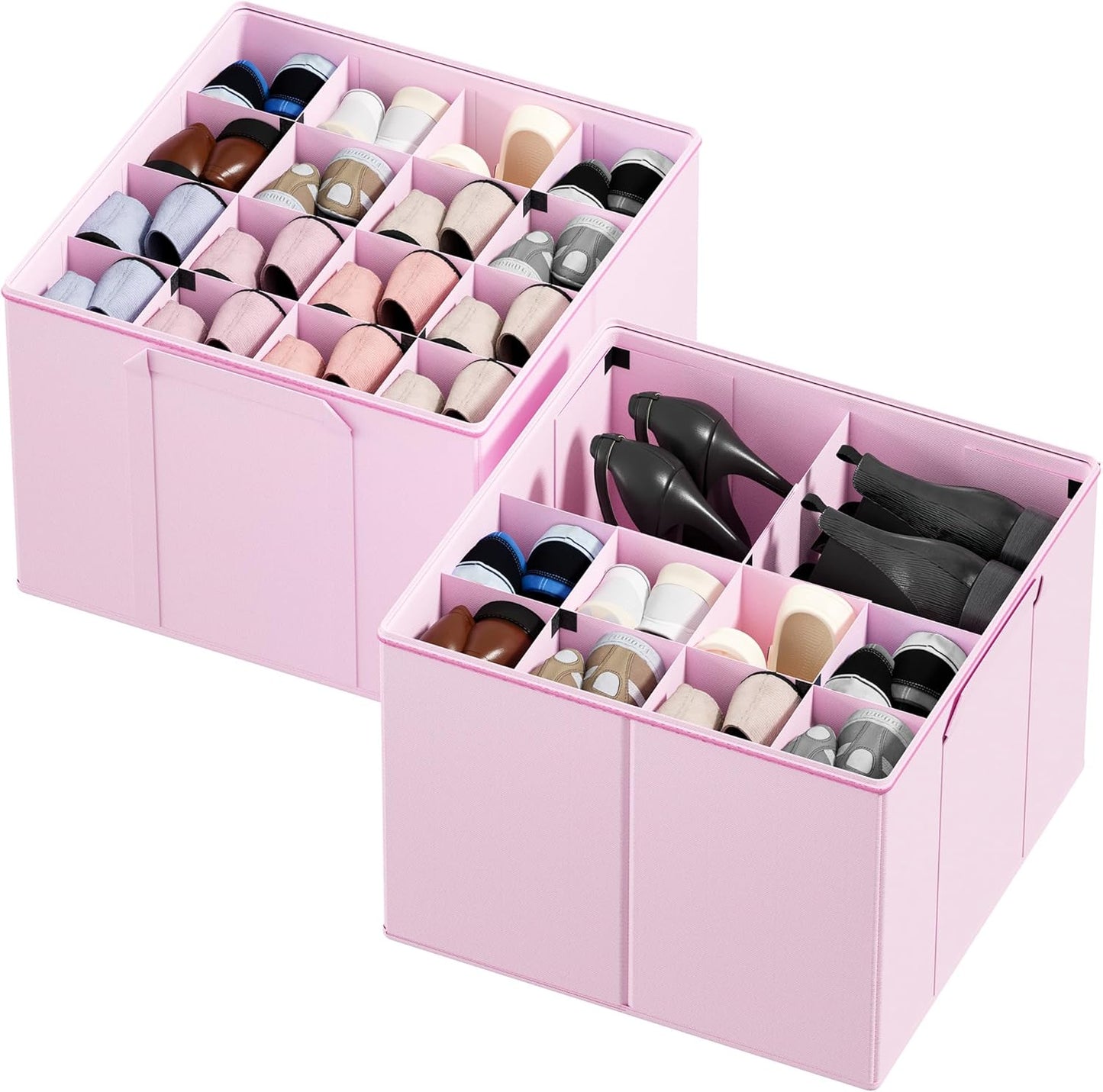 Shoe Organizer for Closet, 2 Pack Foldable Shoe Storage Containers Baskets Boxes Bins w/Adjustable Dividers, Fits 16-32 Pairs