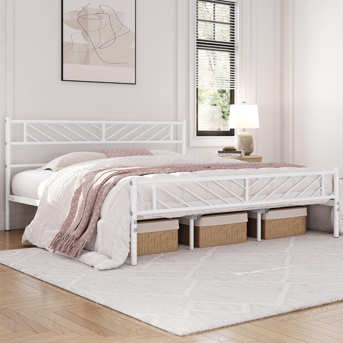 Platform Bed Frame with Arrow Design Headboard, and Storage Space No Box Spring Needed