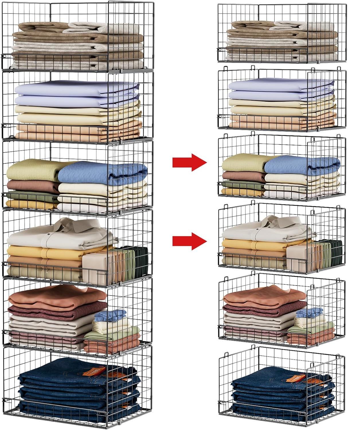 6-Tier Stackable Closet Organizers and Storage Shelves, Closet Shelf Organizer Basket Bins, Foldable Sweater Storage for Closet Organizer System, Black（Patent Pending）