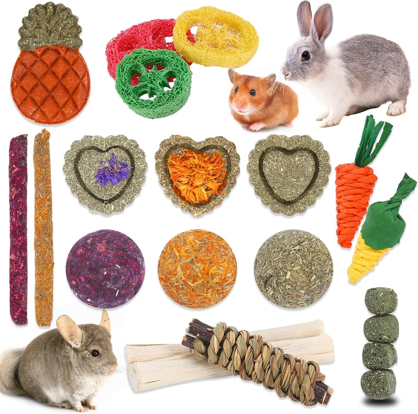 Bunny Toys,21PCS Rabbit Toys for Bunnies Rabbit Chew Toys for Teeth Guinea Pig Toys Natural Chew Treats Toys,Timothy Hay Sticks for Chinchillas Hamsters Rats,Small Animals Teeth Grinding