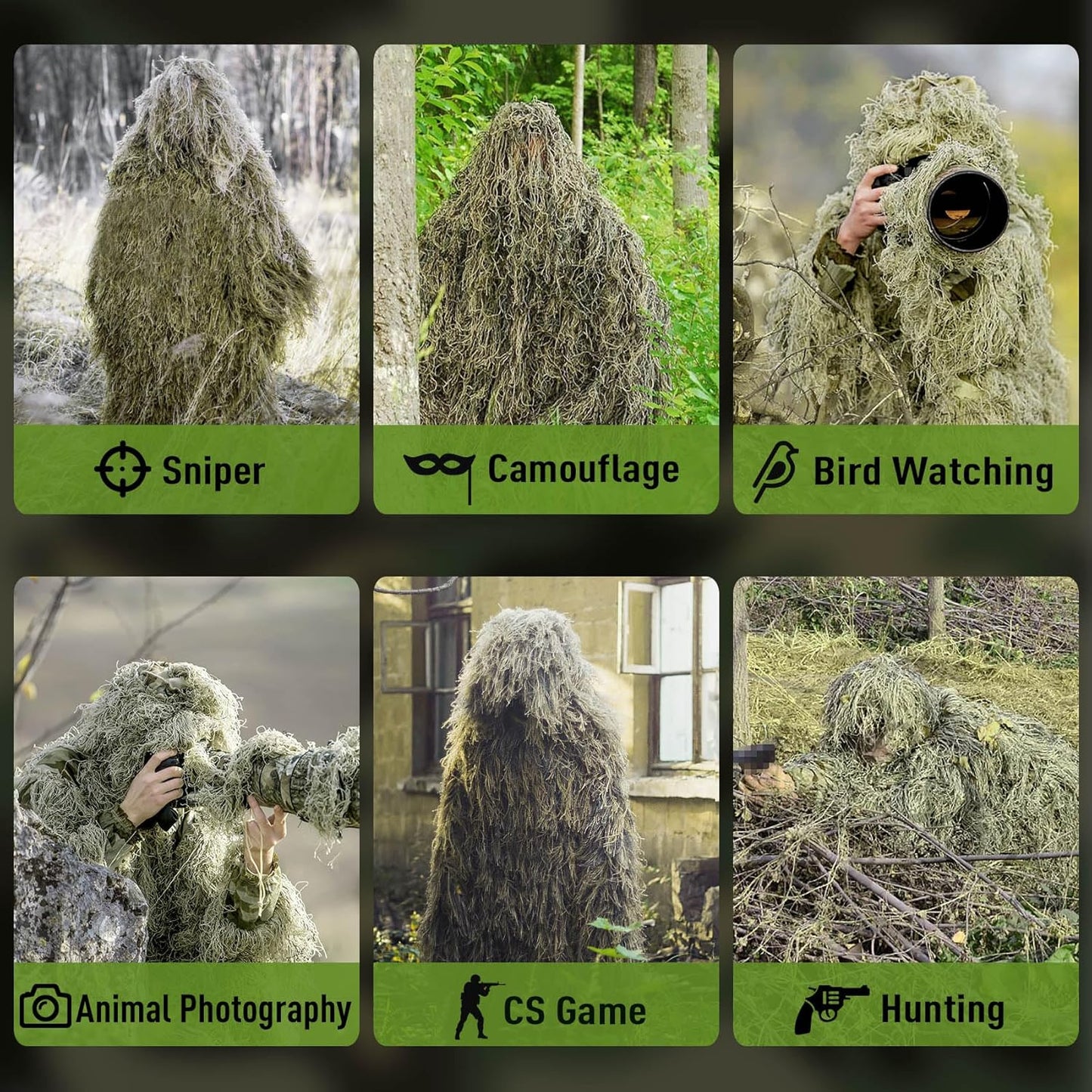 6 in 1 Ghillie Suit, 3D Camouflage Hunting Apparel Including Jacket, Pants, Hood, Carry Bag and Camo Tapes