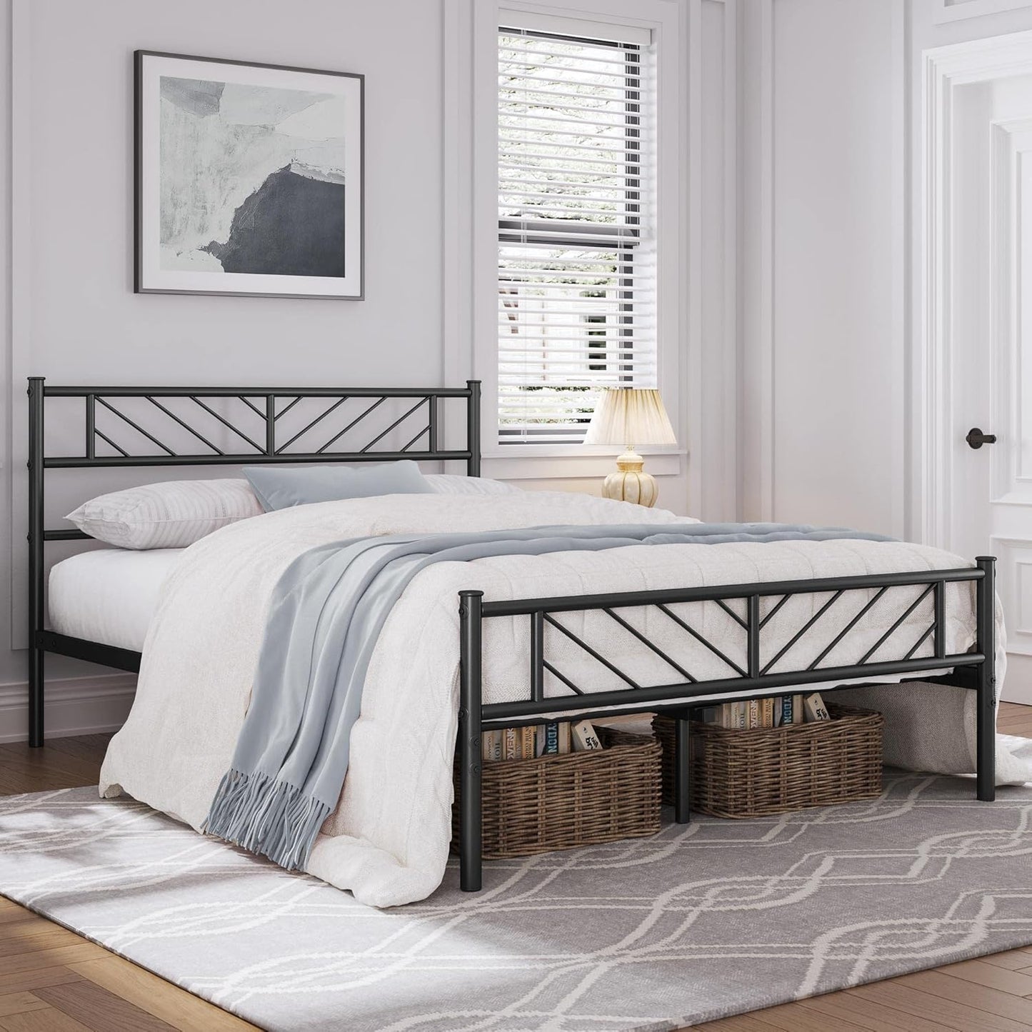 Platform Bed Frame with Arrow Design Headboard, and Storage Space No Box Spring Needed