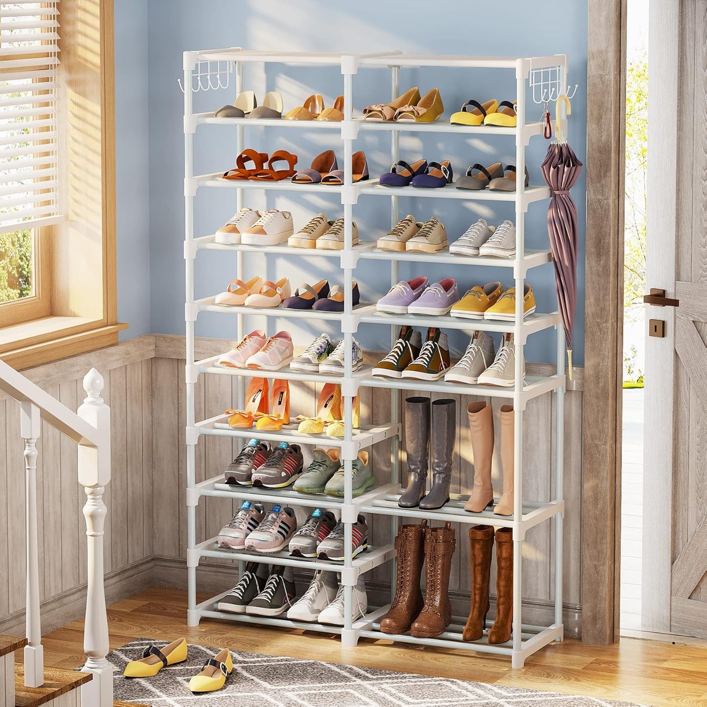 32-40 Pairs Shoe Storage Shelf, 9 Tiers Stackable Shoe Tower/Rack/Stand for Closet, Boot Organizer with 2 Hooks