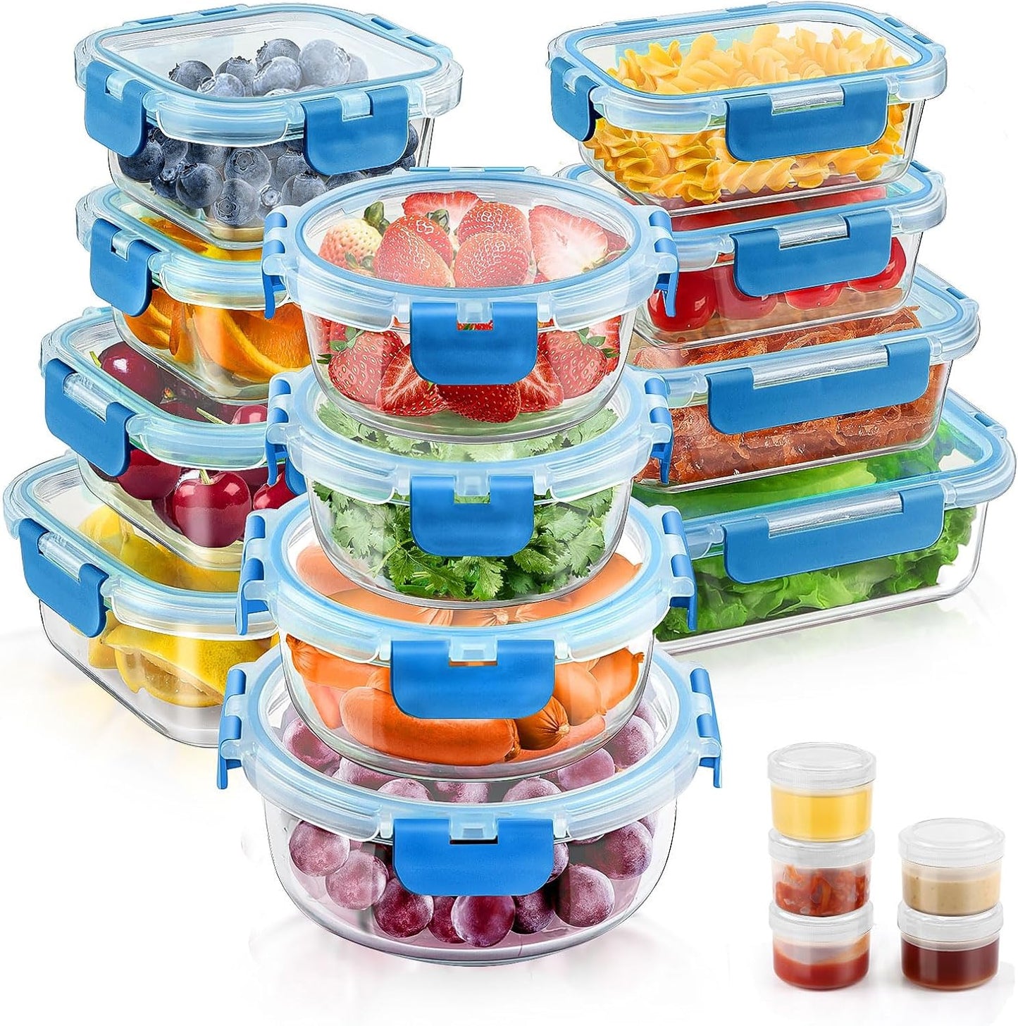 34pcs Glass Food Storage Containers with Lids Set, Airtight Glass Meal Prep Containers (17 Containers & 17 Lids),Leak Proof Lunch Containers BPA-Free, Microwave, Oven, Freezer & Dishwasher