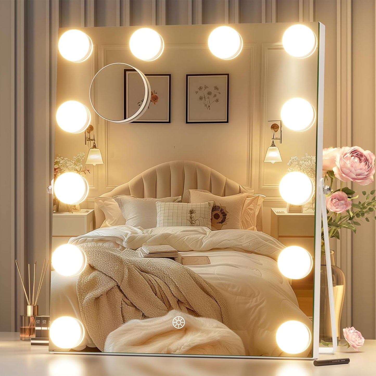 Vanity Mirror with Lights, 9.8" x 13.8" Hollywood Mirror, Makeup Mirror with 9 Dimmable Bulbs, Smart Touch 3 Colors Dimmable, 360° Rotation, White