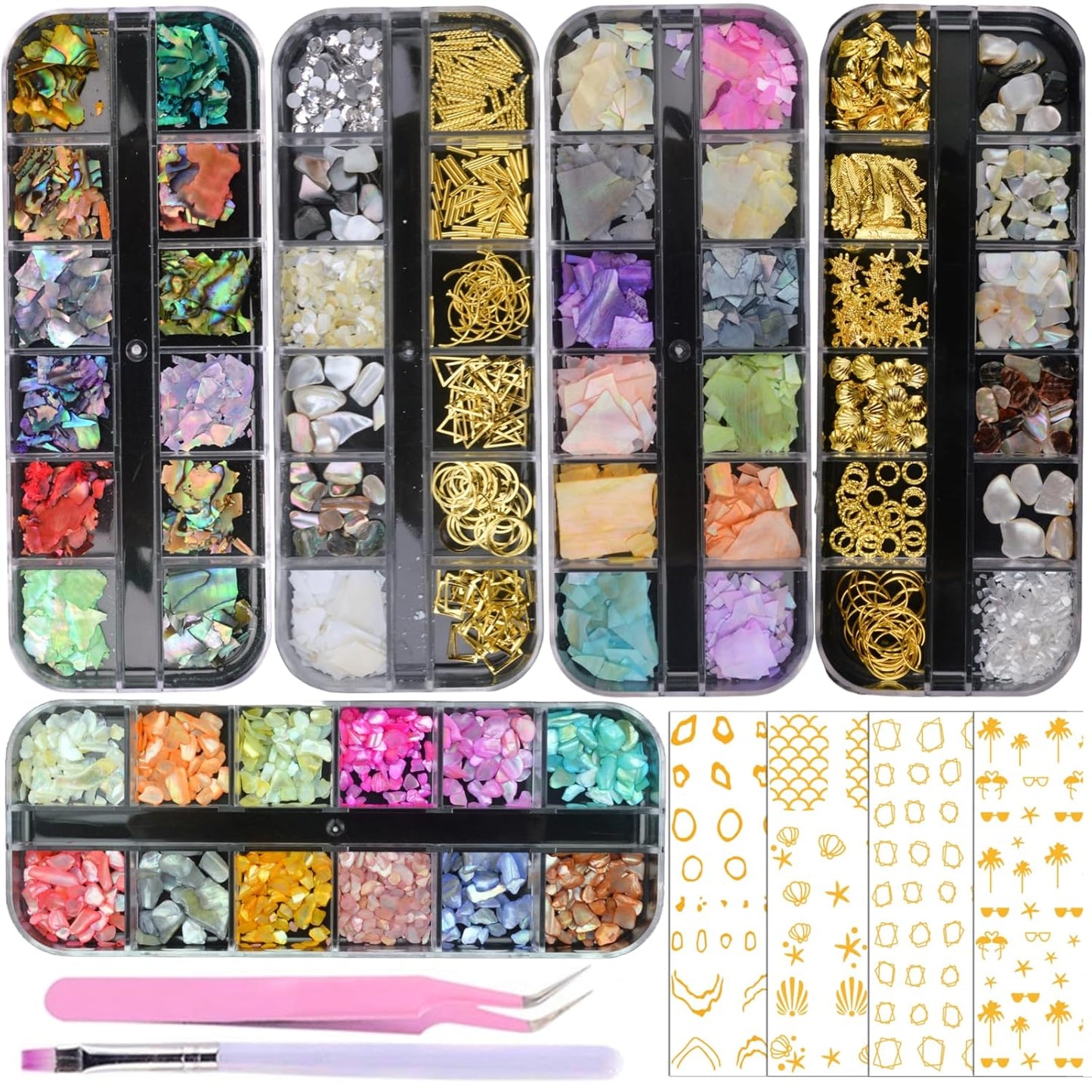 5 Boxes Gold & Silver Metal Nail 3D Punk Studs Star Moon Heart Triangle Square Rivet Gems Nail Art Jewels with a Curved Tweezers and a Nail Brush