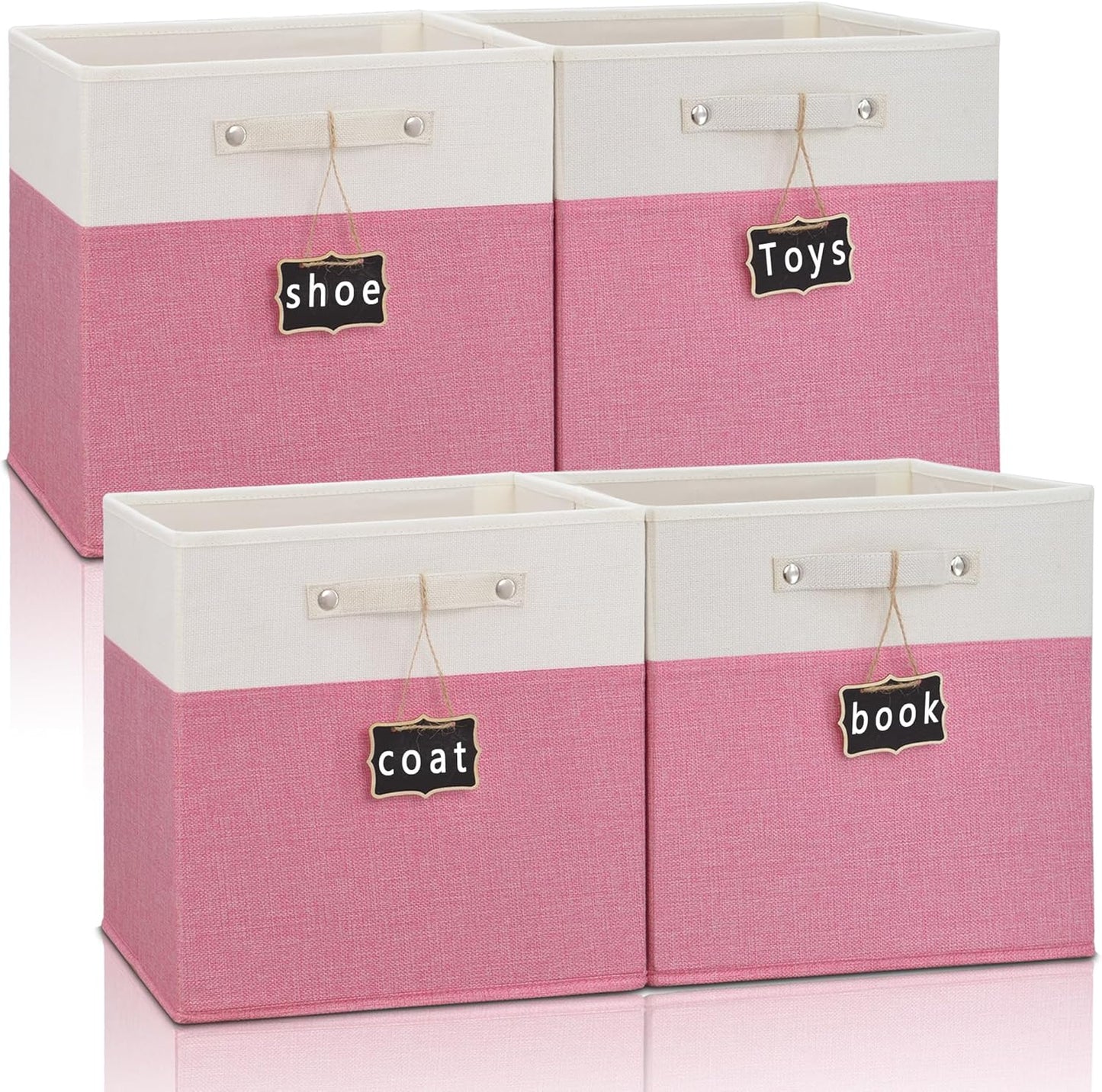 11x11 cube storage bins 4 Pack,Collapsible Fabric Storage Cubes with Labels,Linen Cube Storage Organizer Bins with Cotton Handles,Square Storage Cubes for Home,Office,Clothes,Cabinet (White Grey).