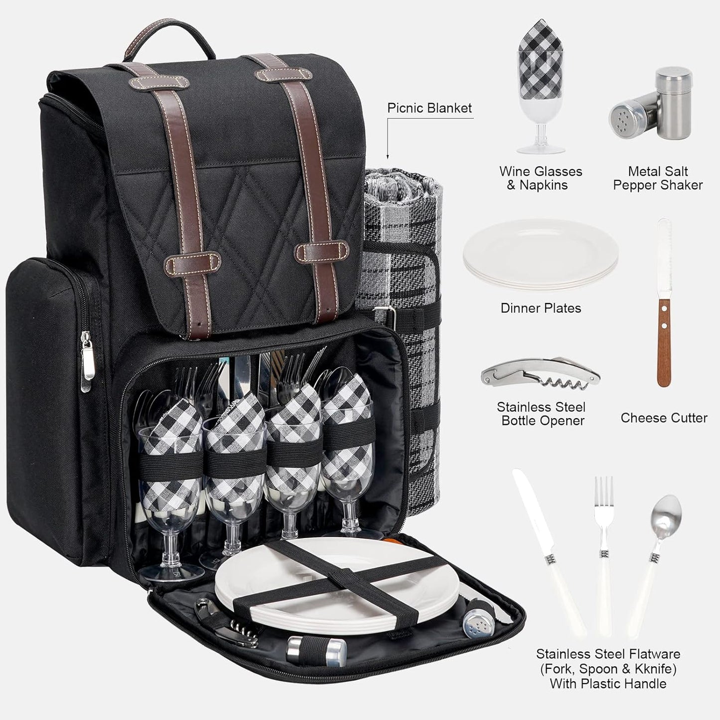 Picnic Backpack with Large Insulated Cooler Bag, Picnic Basket Set with Wine Pouch, Waterproof Picnic Blanket & Cutlery Set. Perfect for Beach, Camping, Party,Wedding Gift for Couple.