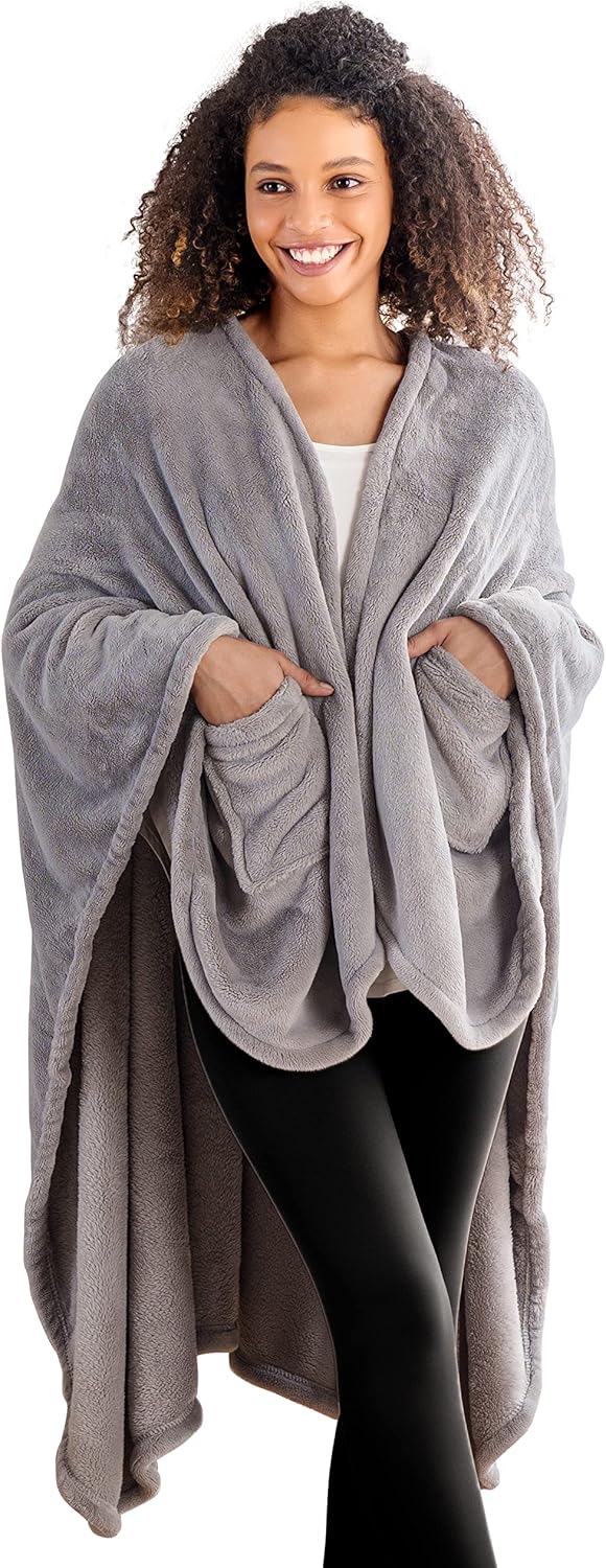 Berkshire Blanket Primalush™ Wearable Blanket, Cozy Loungewear Pocketed Plush Cape Wrap for Adults & Teens(Purple, One Size 58"X64")