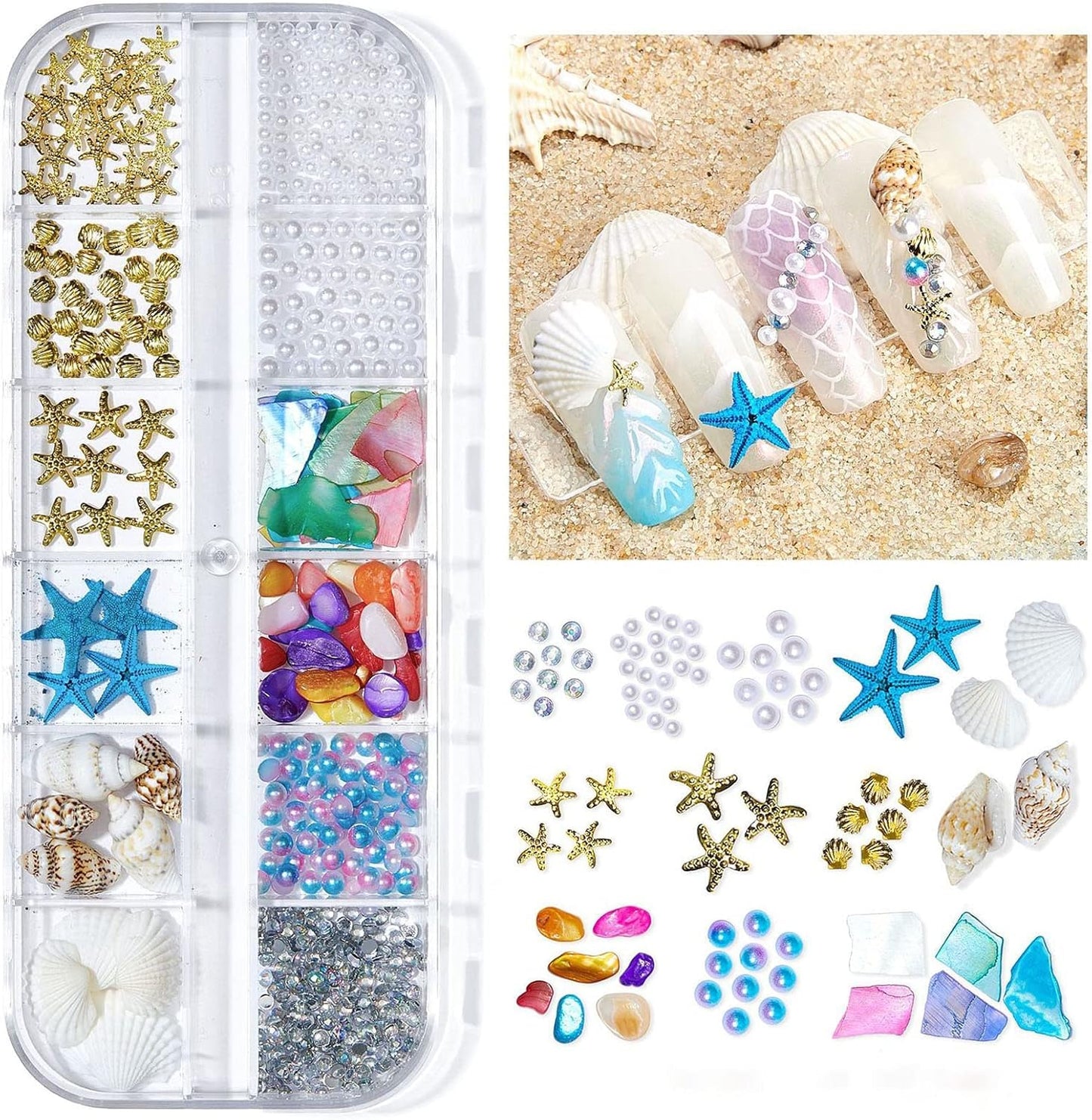 2 Boxes Summer Beach Nail Art Rhinestones Accessories Ocean Theme Shell Starfish Conch Nail Studs Sea Series Nail Art Rivets Charms Supplies for Nail Art Designs DIY Manicure Decoration