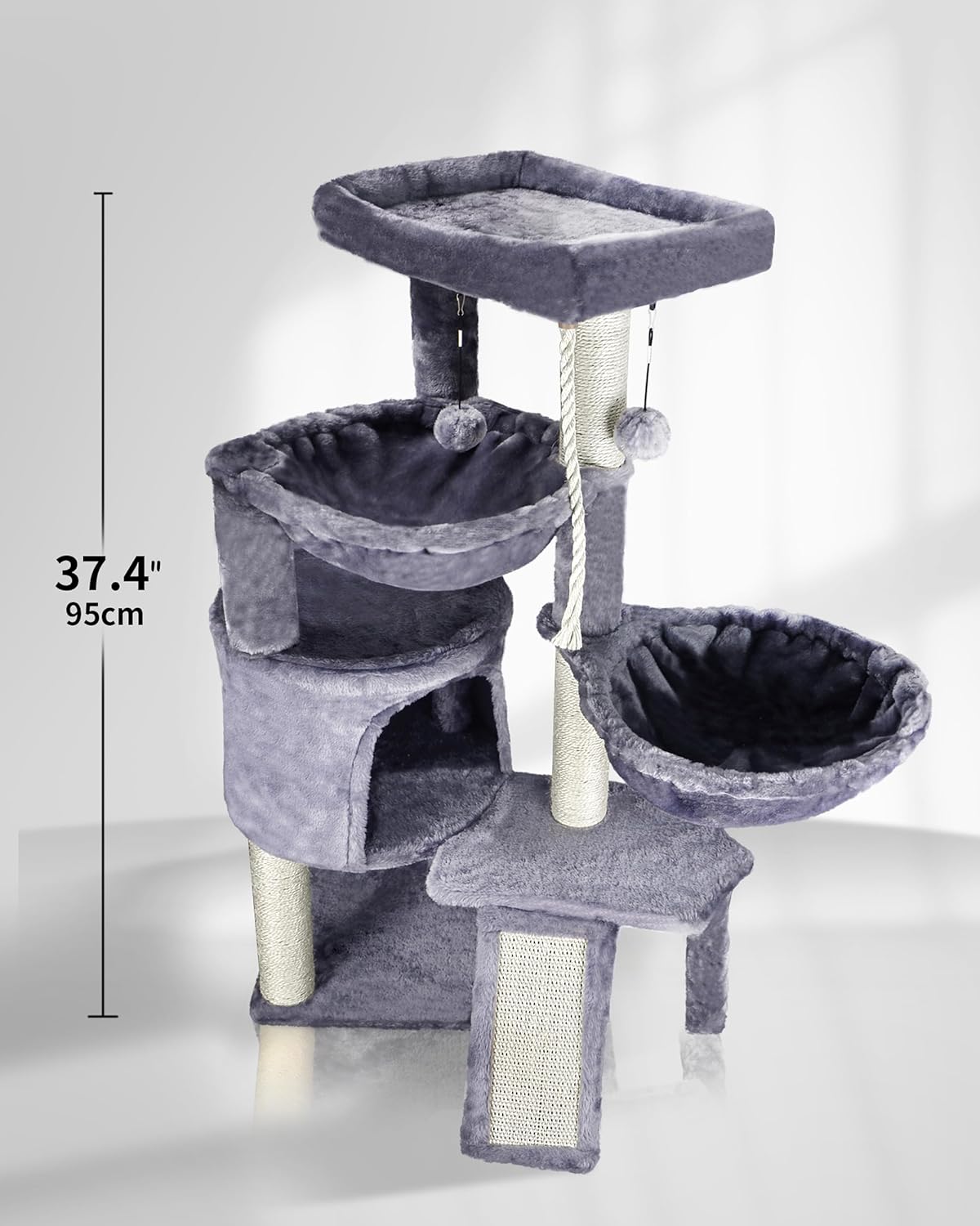 Three Layer Cat Tree with Cat Condo and Two Hammocks,Grey