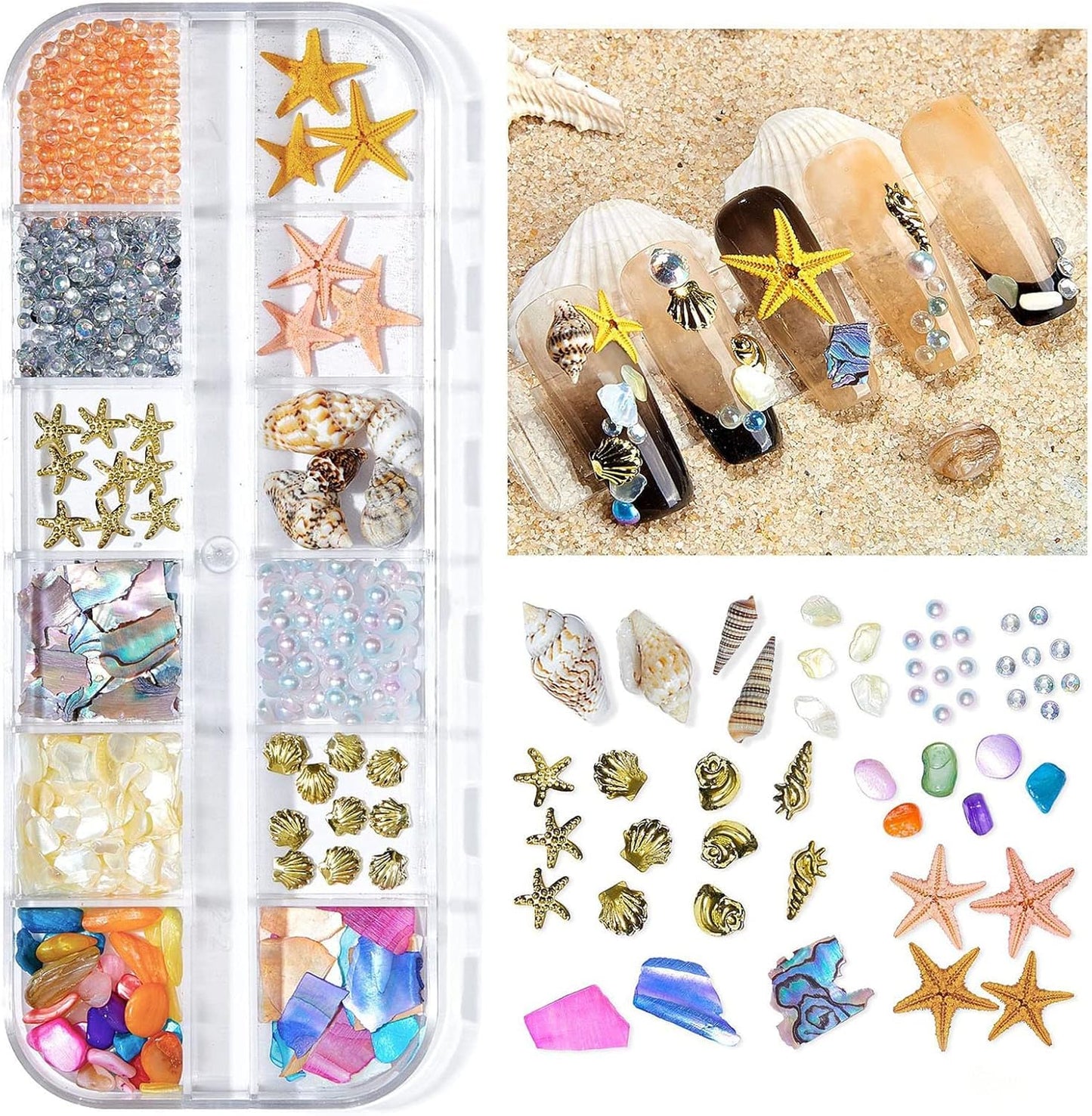 2 Boxes Summer Beach Nail Art Rhinestones Accessories Ocean Theme Shell Starfish Conch Nail Studs Sea Series Nail Art Rivets Charms Supplies for Nail Art Designs DIY Manicure Decoration