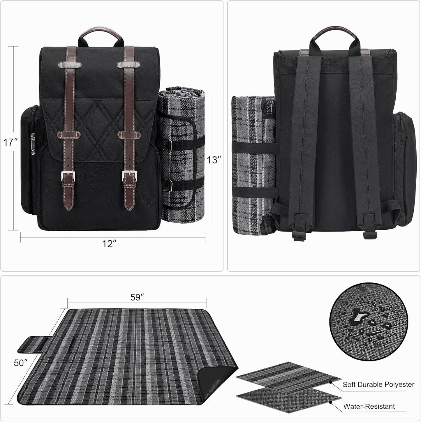 Picnic Backpack with Large Insulated Cooler Bag, Picnic Basket Set with Wine Pouch, Waterproof Picnic Blanket & Cutlery Set. Perfect for Beach, Camping, Party,Wedding Gift for Couple.