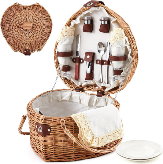 Picnic Basket Set 2 Person Tableware Set Heart Wicker Picnic Basket Antique White for Camping Outdoor Party Couple Birthday Wedding Valentine Gift