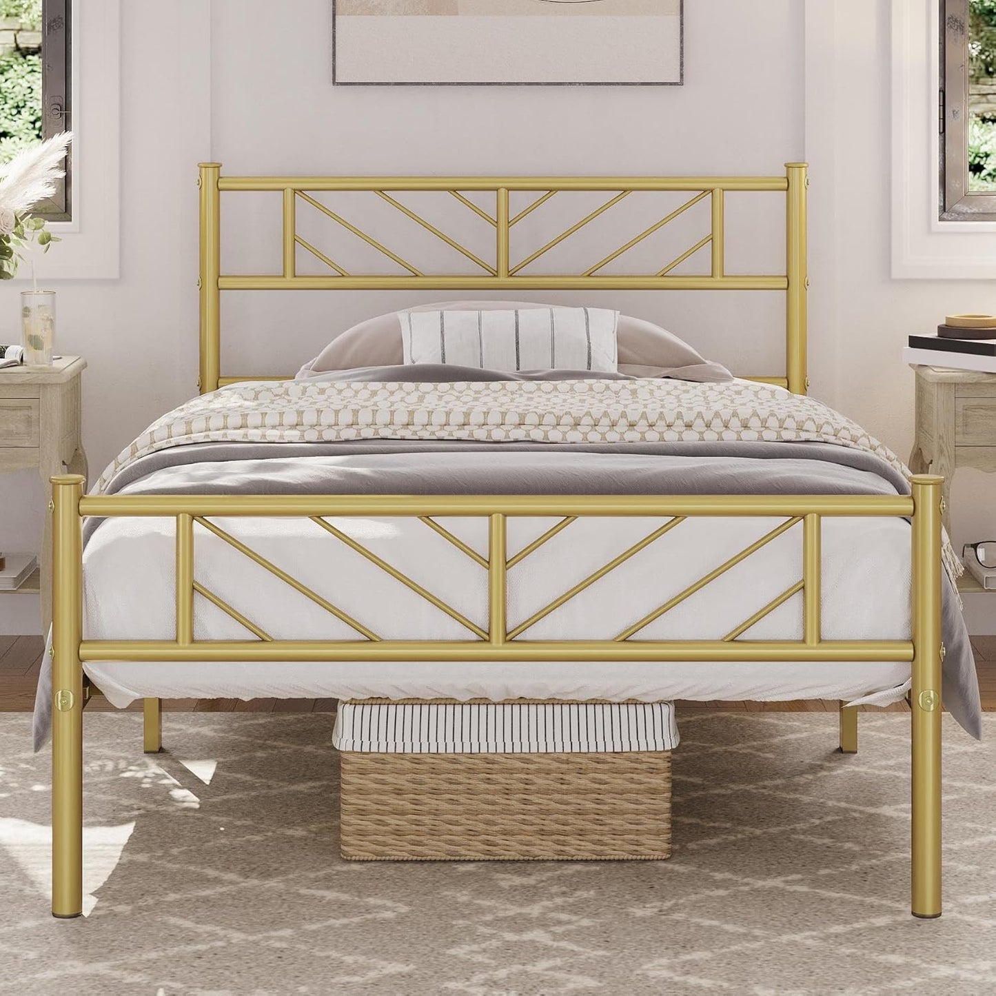 Platform Bed Frame with Arrow Design Headboard, and Storage Space No Box Spring Needed