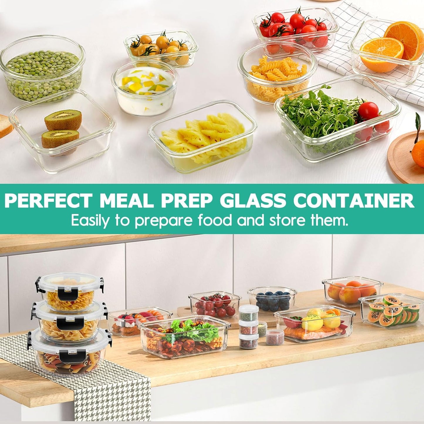 34pcs Glass Food Storage Containers with Lids Set, Airtight Glass Meal Prep Containers (17 Containers & 17 Lids),Leak Proof Lunch Containers BPA-Free, Microwave, Oven, Freezer & Dishwasher