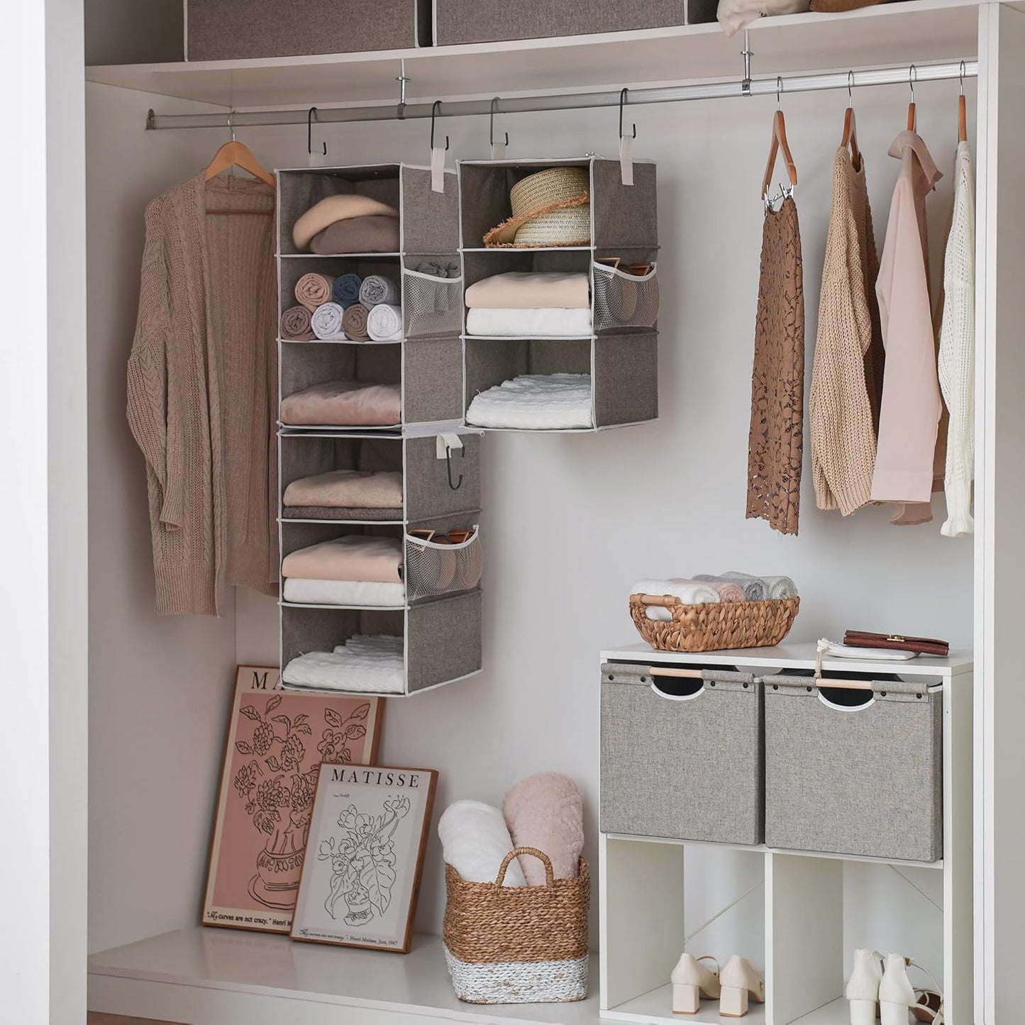 6-Shelf Hanging Closet Organizers, Two 3-Shelf Separable Closet Hanging Shelves, Canvas, Gray, 12" D x 12" W x 48 ¼"H