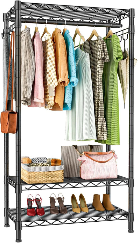 S4 Garment Rack Heavy Duty, Freestanding 3 Tiers Clothes Rack for Hanging Clothes with Shelves and Hangers, Closet Organizers Metal Closet Wardrobe System, Max Load 530 LBS, Black