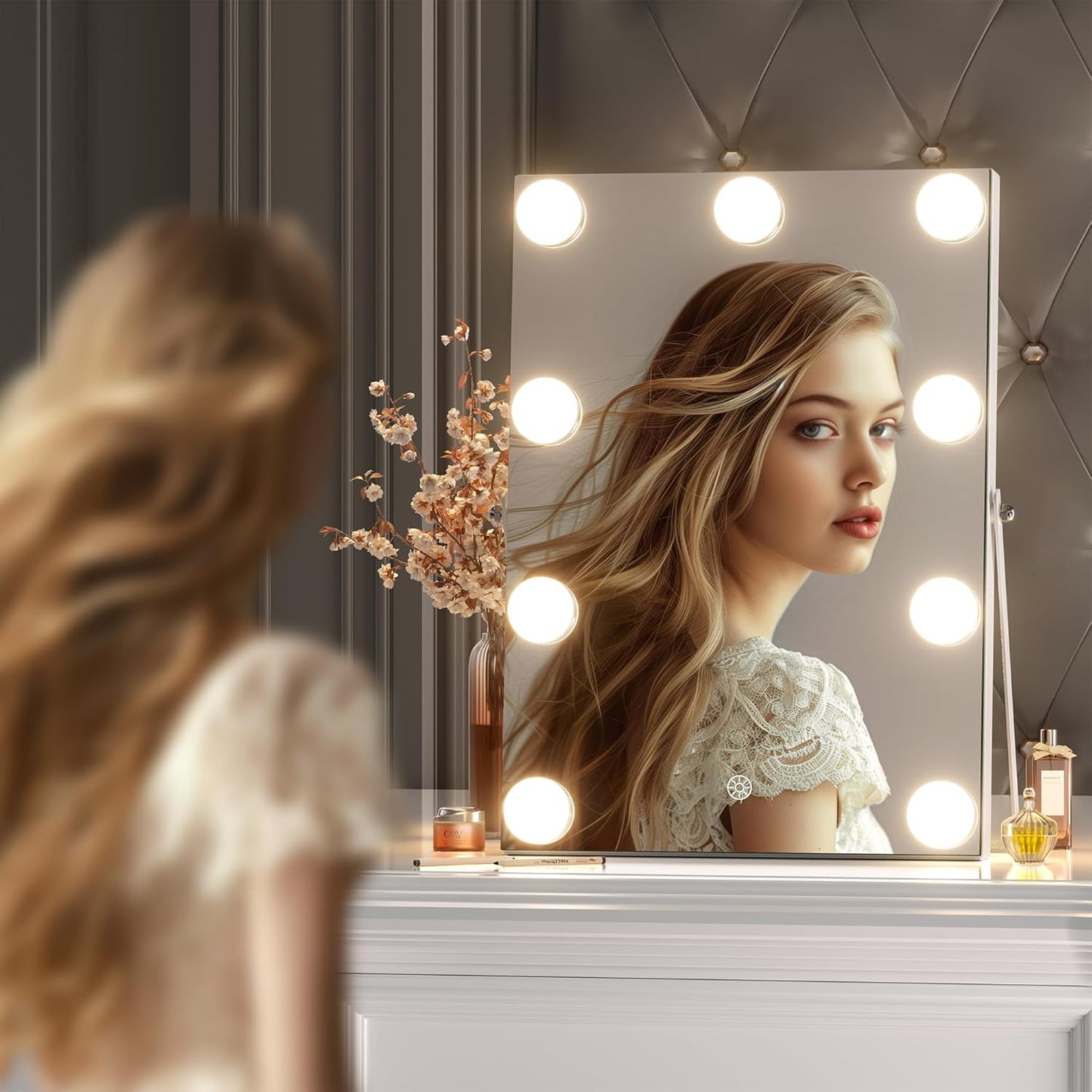 Vanity Mirror with Lights, 9.8" x 13.8" Hollywood Mirror, Makeup Mirror with 9 Dimmable Bulbs, Smart Touch 3 Colors Dimmable, 360° Rotation, White