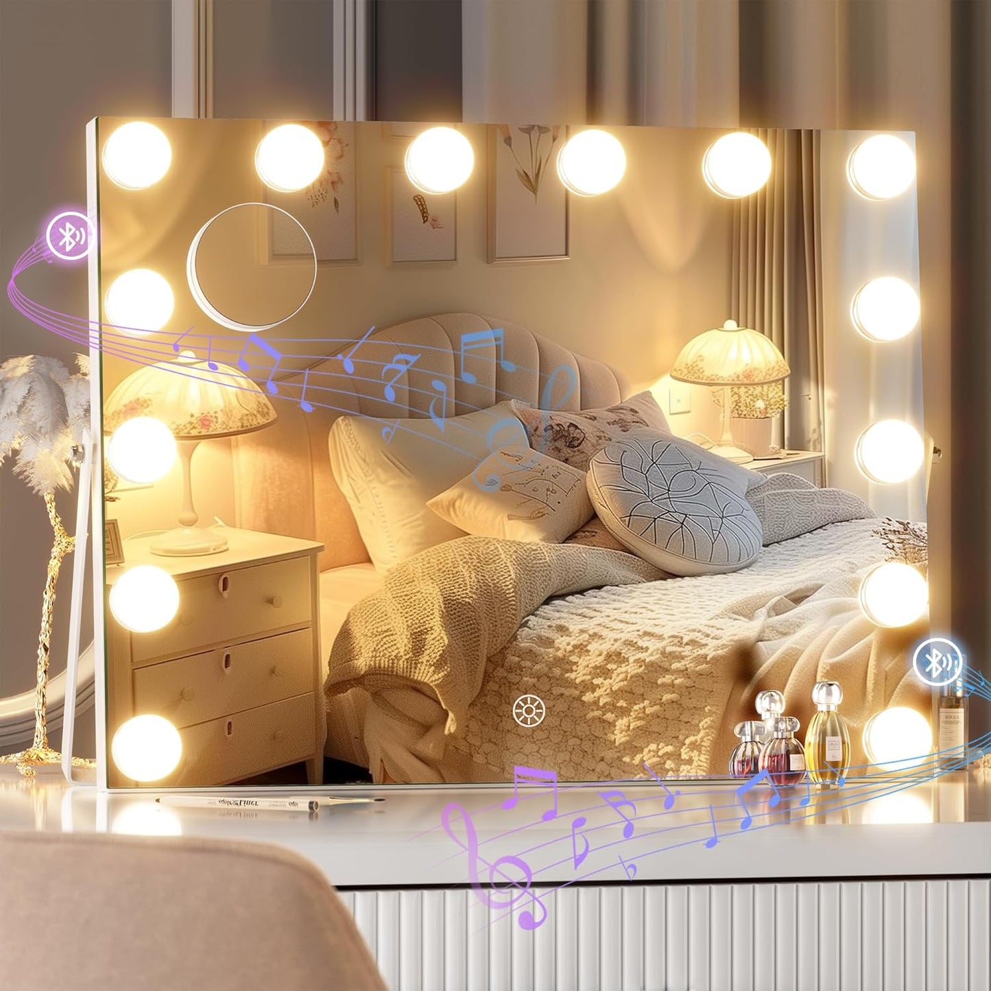 Vanity Mirror with Lights, 9.8" x 13.8" Hollywood Mirror, Makeup Mirror with 9 Dimmable Bulbs, Smart Touch 3 Colors Dimmable, 360° Rotation, White