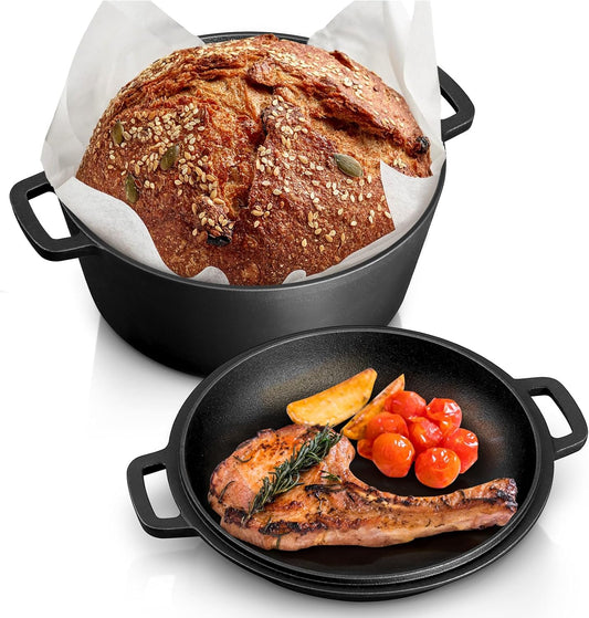 5QT Dutch Oven Pot With Lid, 2-in-1 Pre-seasoned Cast Iron Dutch Oven Stock Pot with Lid for Bread Baking, Healthy & Fit Various Heat Sources