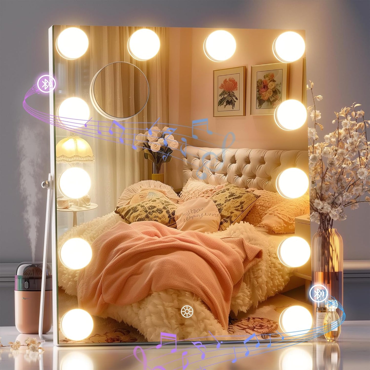 Vanity Mirror with Lights, 9.8" x 13.8" Hollywood Mirror, Makeup Mirror with 9 Dimmable Bulbs, Smart Touch 3 Colors Dimmable, 360° Rotation, White