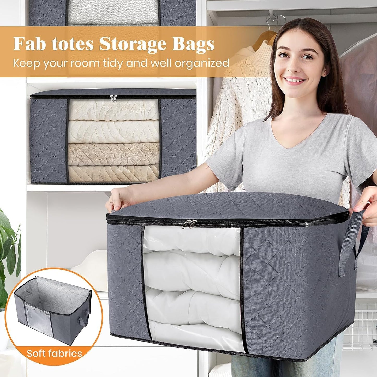 Clothes Storage, Foldable Thick Fabric Blanket Storage Bags, Storage Containers for Organizing Bedroom, Closet, Clothing, Comforter, Organization and Storage with Handle