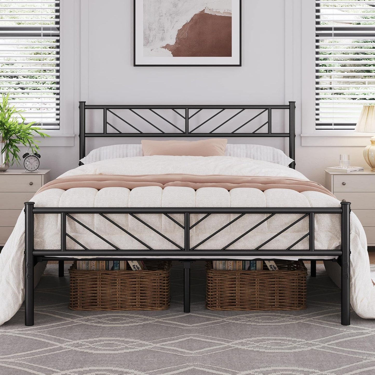 Platform Bed Frame with Arrow Design Headboard, and Storage Space No Box Spring Needed