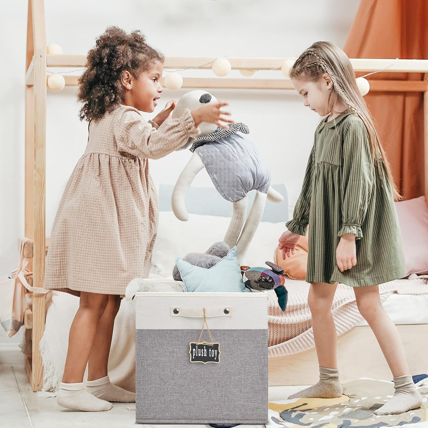 11x11 cube storage bins 4 Pack,Collapsible Fabric Storage Cubes with Labels,Linen Cube Storage Organizer Bins with Cotton Handles,Square Storage Cubes for Home,Office,Clothes,Cabinet (White Grey).