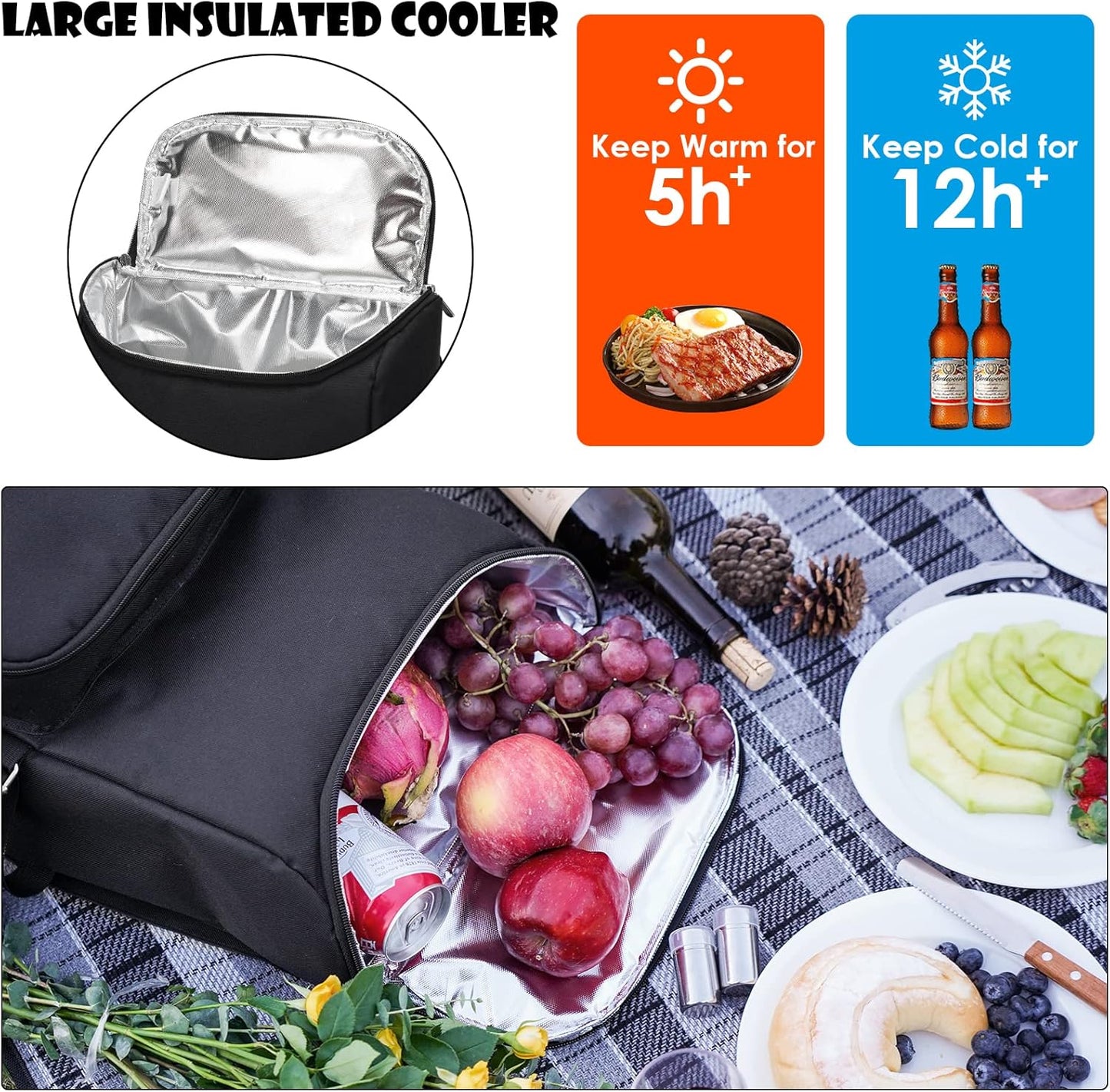 Picnic Backpack with Large Insulated Cooler Bag, Picnic Basket Set with Wine Pouch, Waterproof Picnic Blanket & Cutlery Set. Perfect for Beach, Camping, Party,Wedding Gift for Couple.