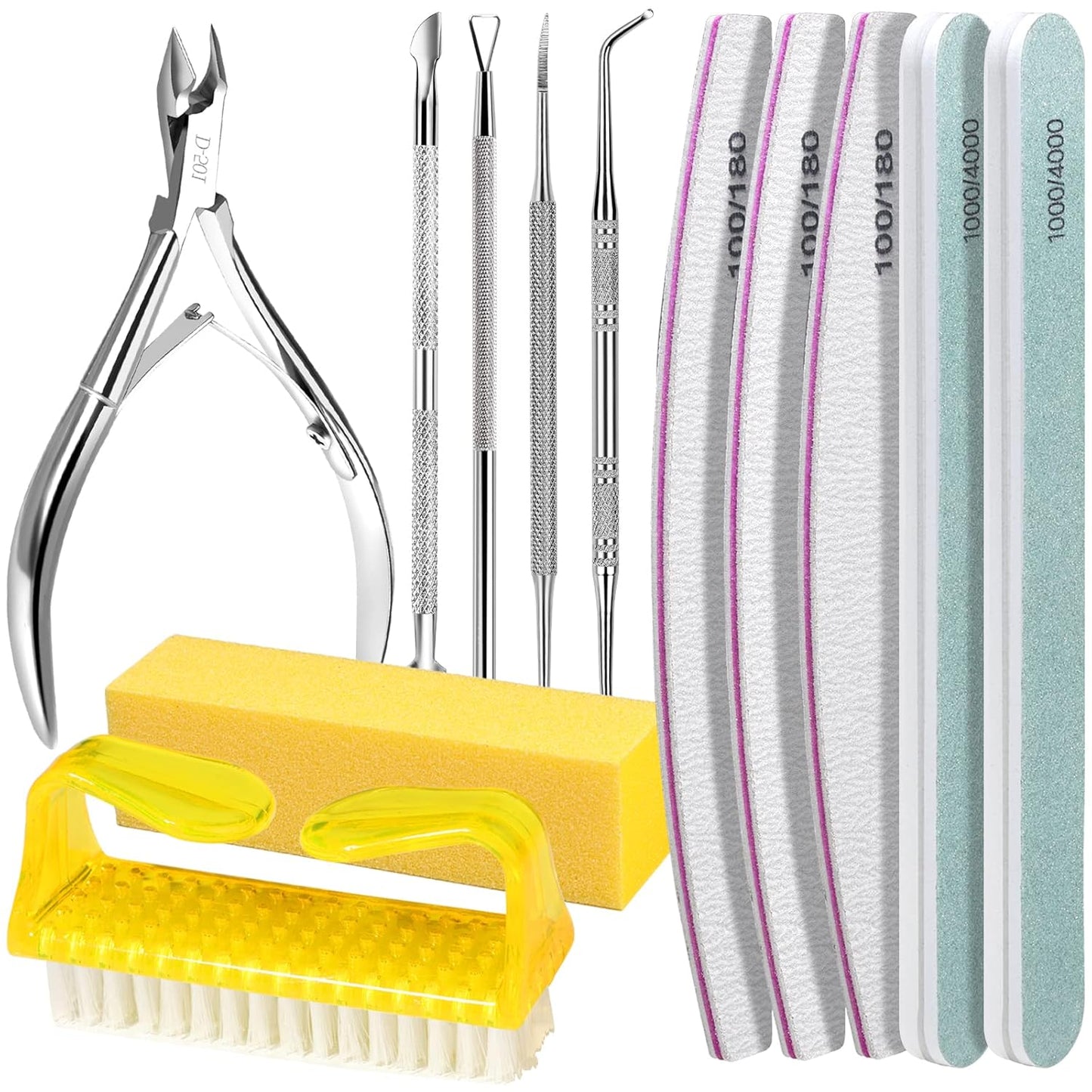 Manicure and Pedicure Tools Kit, Nail Files 100/180, Nail Buffer Block, Nail Cuticle Nippers, Cuticle Pusher, Cuticle Peeler, Nail Lifter for Ingrown Toenails, Toenail File