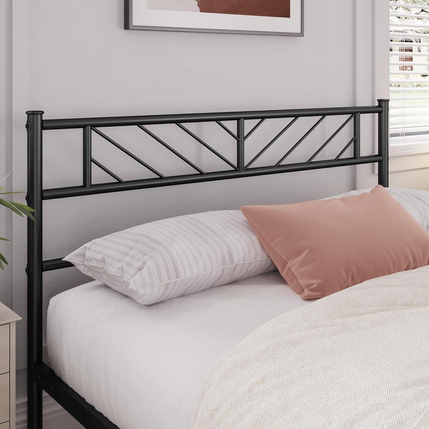 Platform Bed Frame with Arrow Design Headboard, and Storage Space No Box Spring Needed