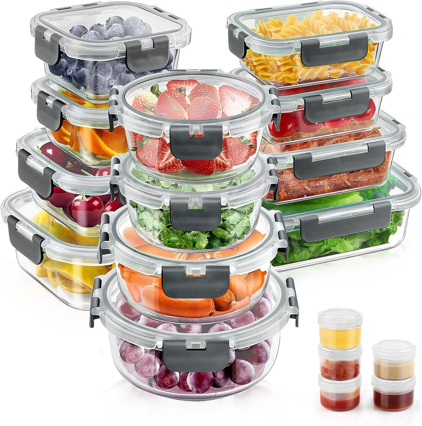 34pcs Glass Food Storage Containers with Lids Set, Airtight Glass Meal Prep Containers (17 Containers & 17 Lids),Leak Proof Lunch Containers BPA-Free, Microwave, Oven, Freezer & Dishwasher