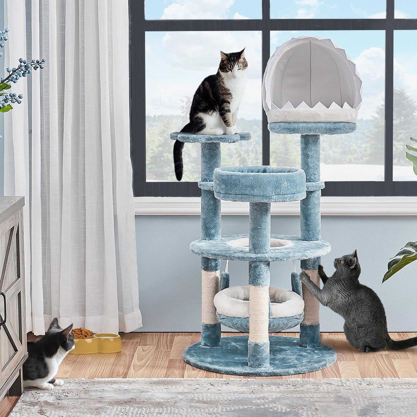 45.5in Ocean-Themed Cat Tree Multi-Level Cat Tower, Plush Cat Furniture with Shark's Mouth-Shaped Nest, Sea Star-Shaped Perch, Jellyfish-Style Hammock for Indoor Cat Kitty