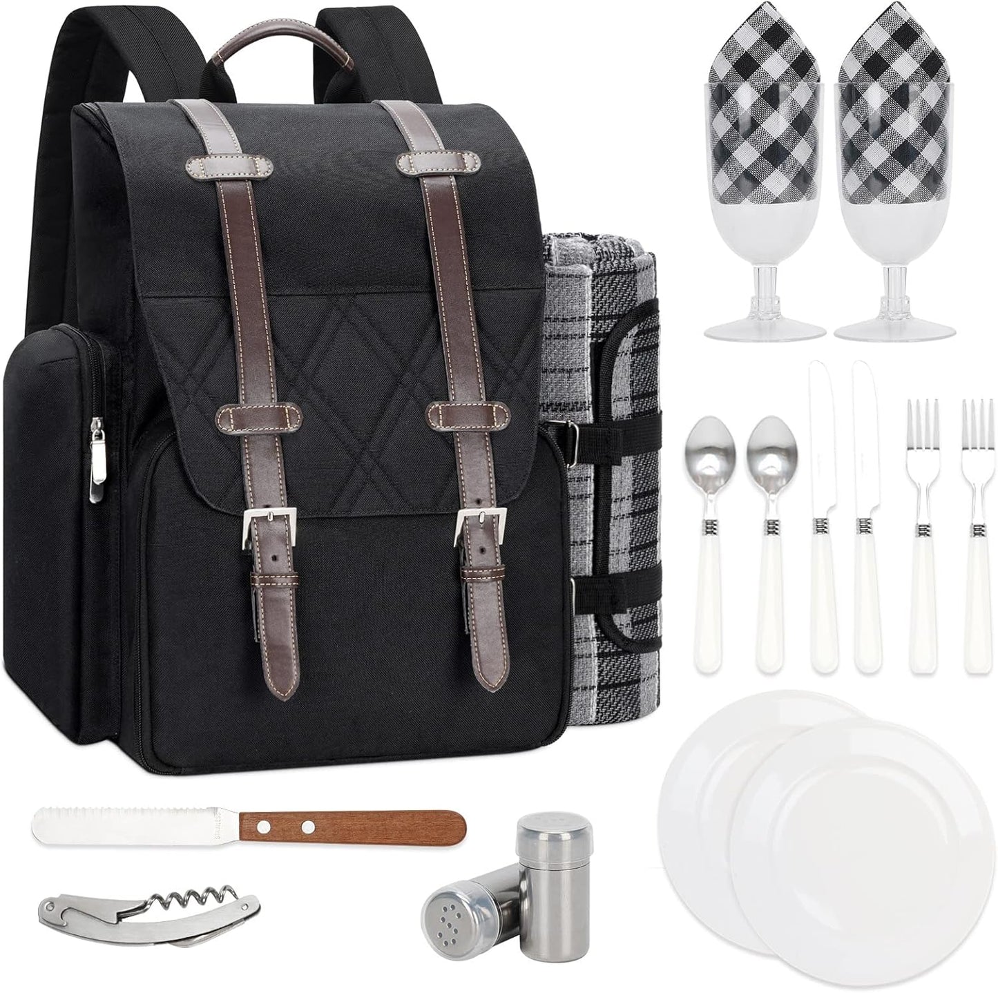 Picnic Backpack with Large Insulated Cooler Bag, Picnic Basket Set with Wine Pouch, Waterproof Picnic Blanket & Cutlery Set. Perfect for Beach, Camping, Party,Wedding Gift for Couple.