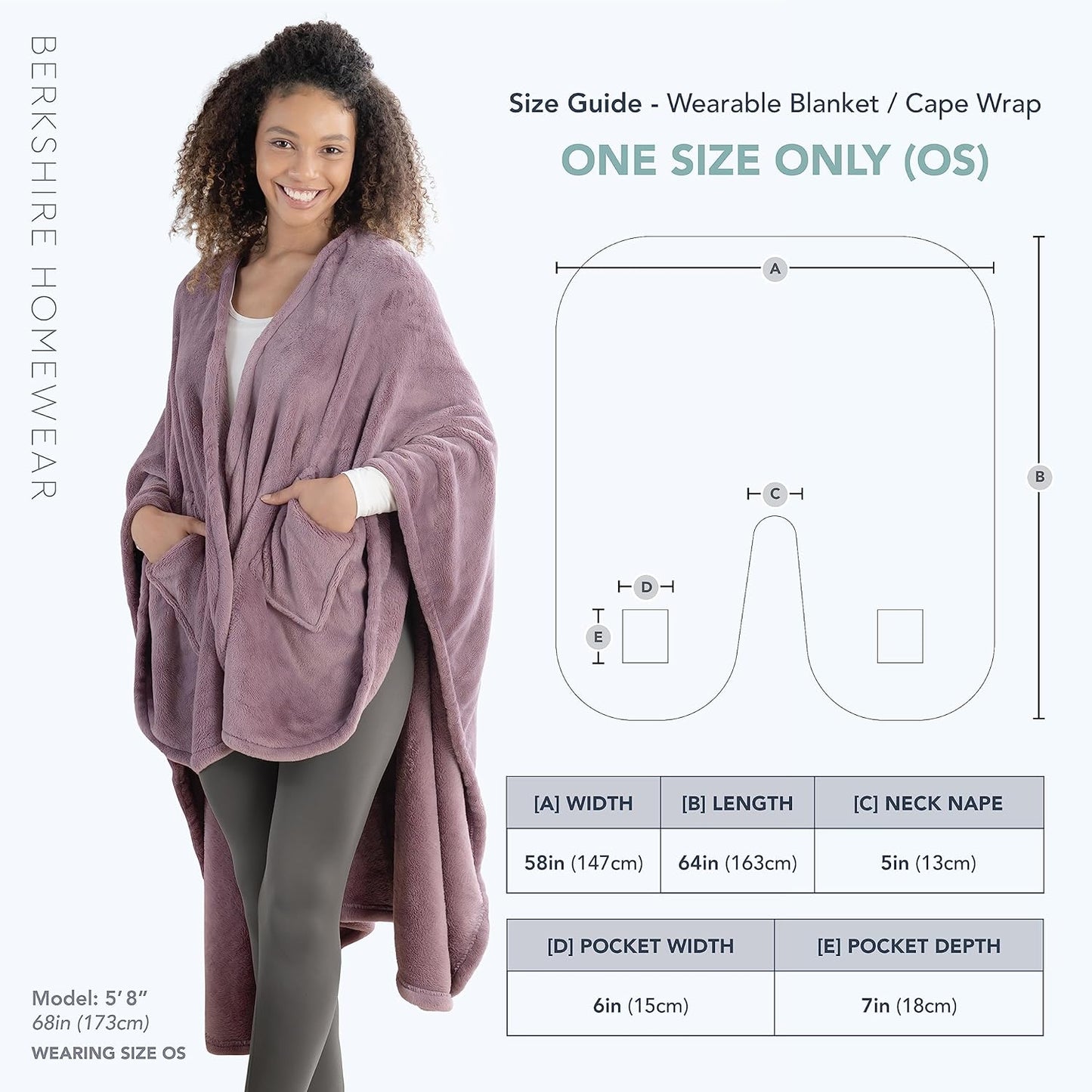 Berkshire Blanket Primalush™ Wearable Blanket, Cozy Loungewear Pocketed Plush Cape Wrap for Adults & Teens(Purple, One Size 58"X64")