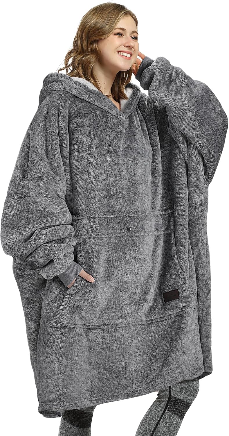 Oversized Blanket Hoodie Sweatshirt, Wearable Sherpa Lounging Pullover for Adults Women Men