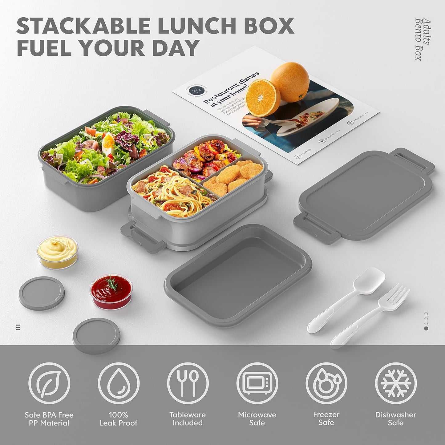 Adult Bento Box Lunch Box - 3 Layers Stackable Bento Lunch Box for Adults, 72oz Large-Style All-in-One Bento Boxes Leak-Proof Lunchbox with Utensil Sauce Containers for Dining Out,Work, Grey