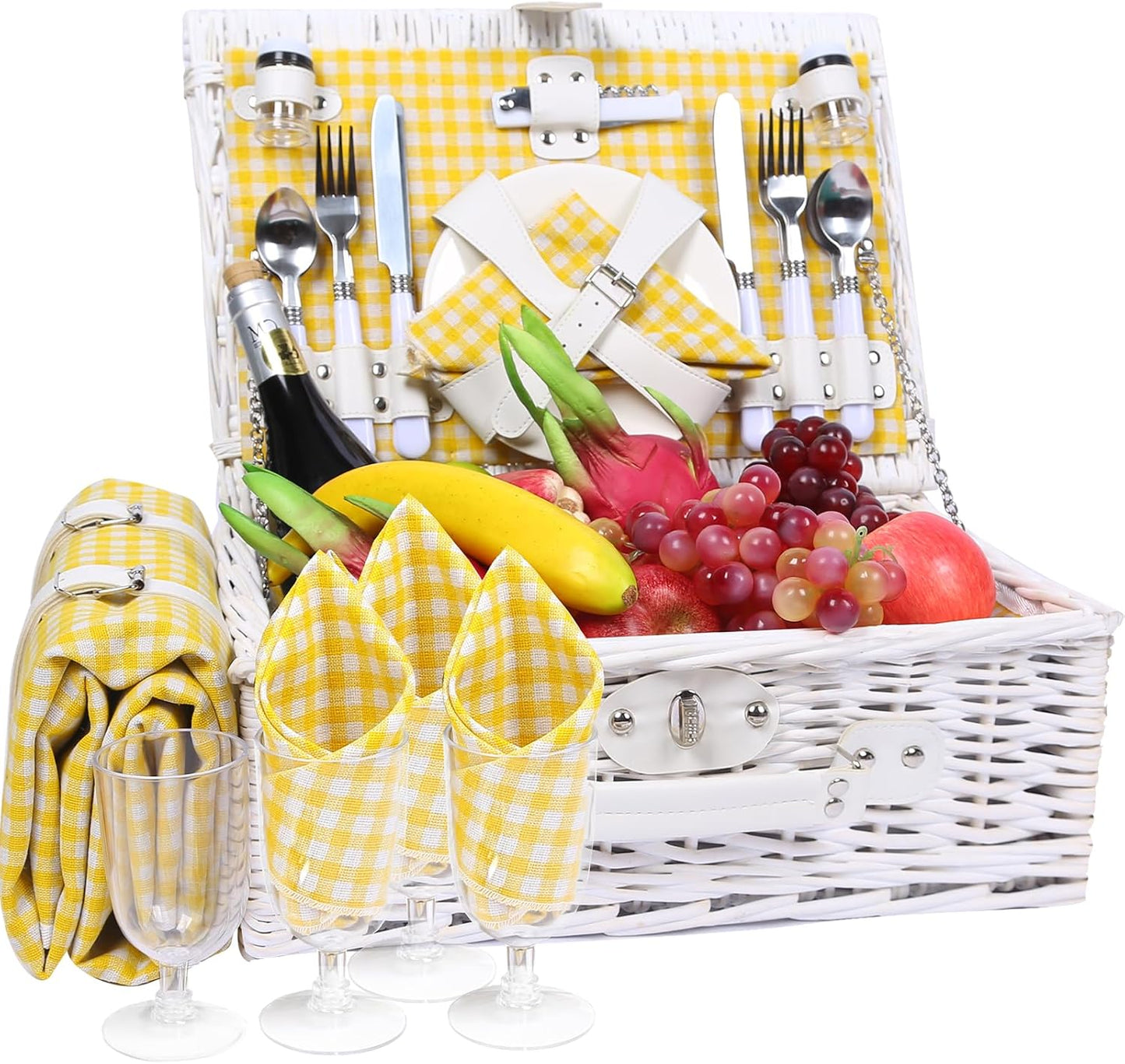 Wicker Picnic Basket Set for 4 Persons with Waterproof Picnic Blanket and Insulated Cooler, Large Willow Picnic Hamper for Camping, Outdoor, Valentine's Day, Birthday, Wedding Gift