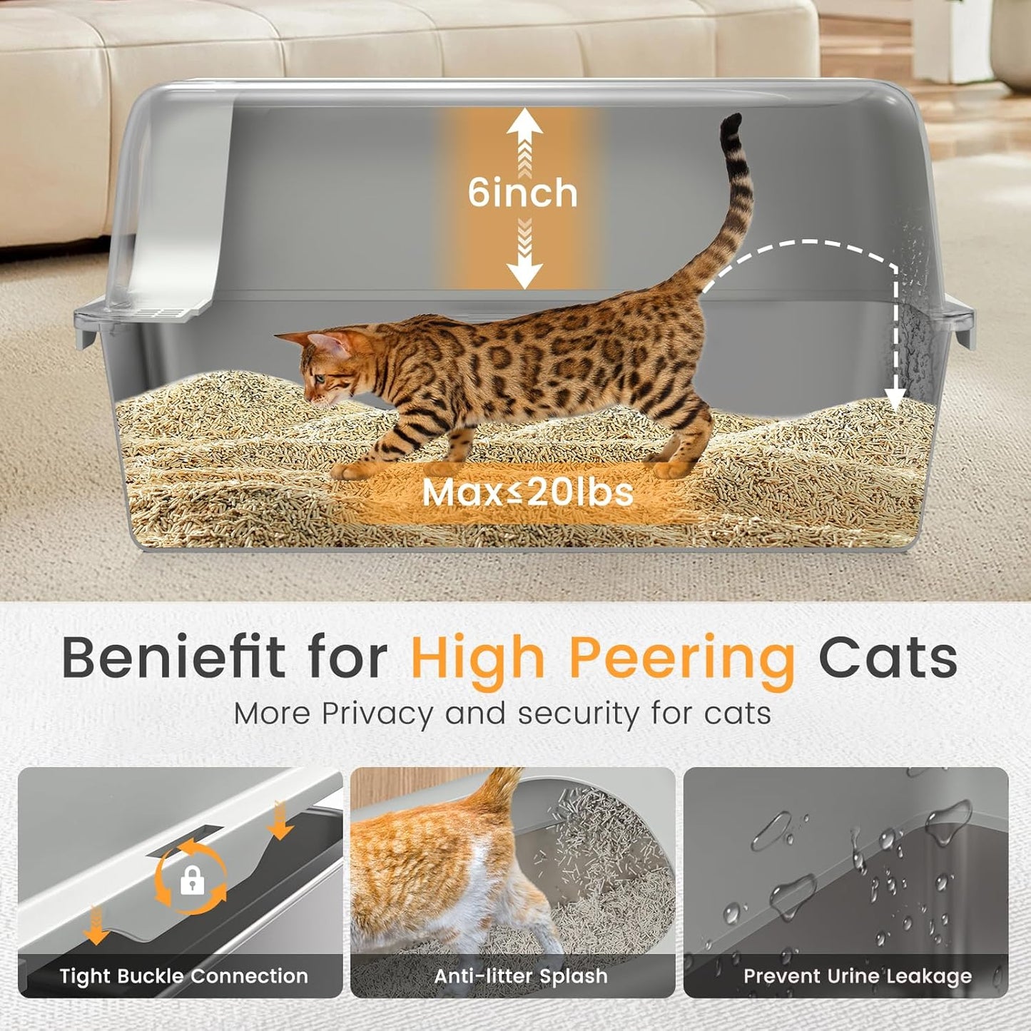 Stainless Steel Cat Litter Box, Enclosed Metal Litter Box with Lid, XL Extra Large Cat Litter Box for Big Cats, Non-Sticky High Side Kitty Litter Box, Anti-Leakage, Easy Cleaning (Light Grey)