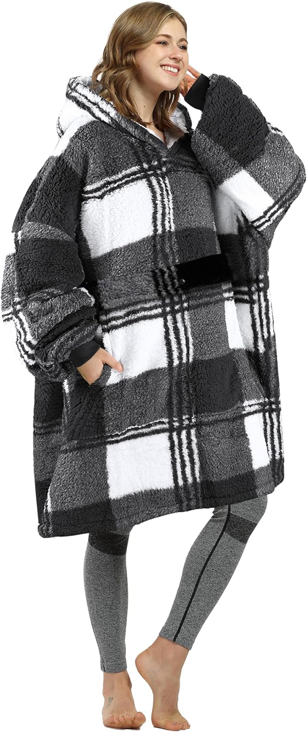 Oversized Blanket Hoodie Sweatshirt, Wearable Sherpa Lounging Pullover for Adults Women Men