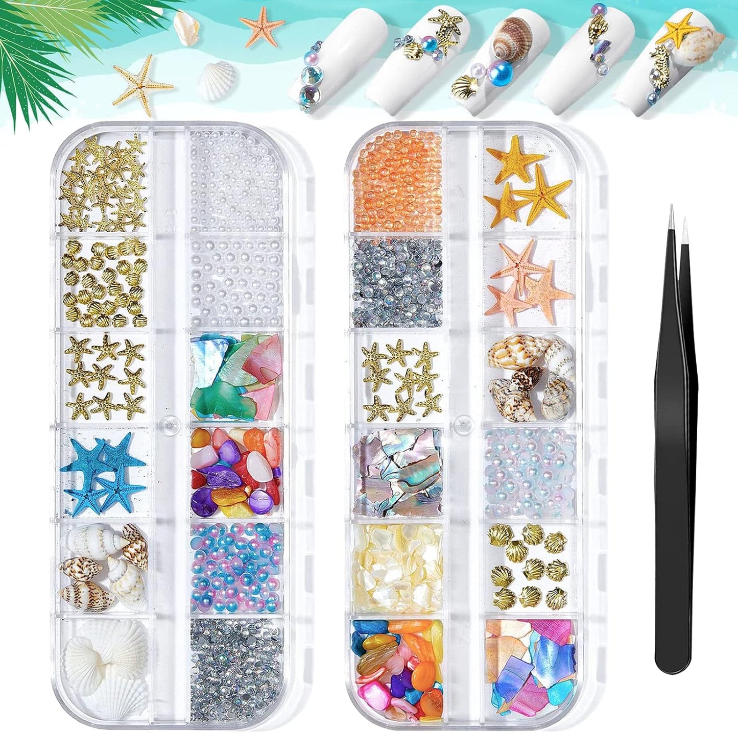 2 Boxes Summer Beach Nail Art Rhinestones Accessories Ocean Theme Shell Starfish Conch Nail Studs Sea Series Nail Art Rivets Charms Supplies for Nail Art Designs DIY Manicure Decoration