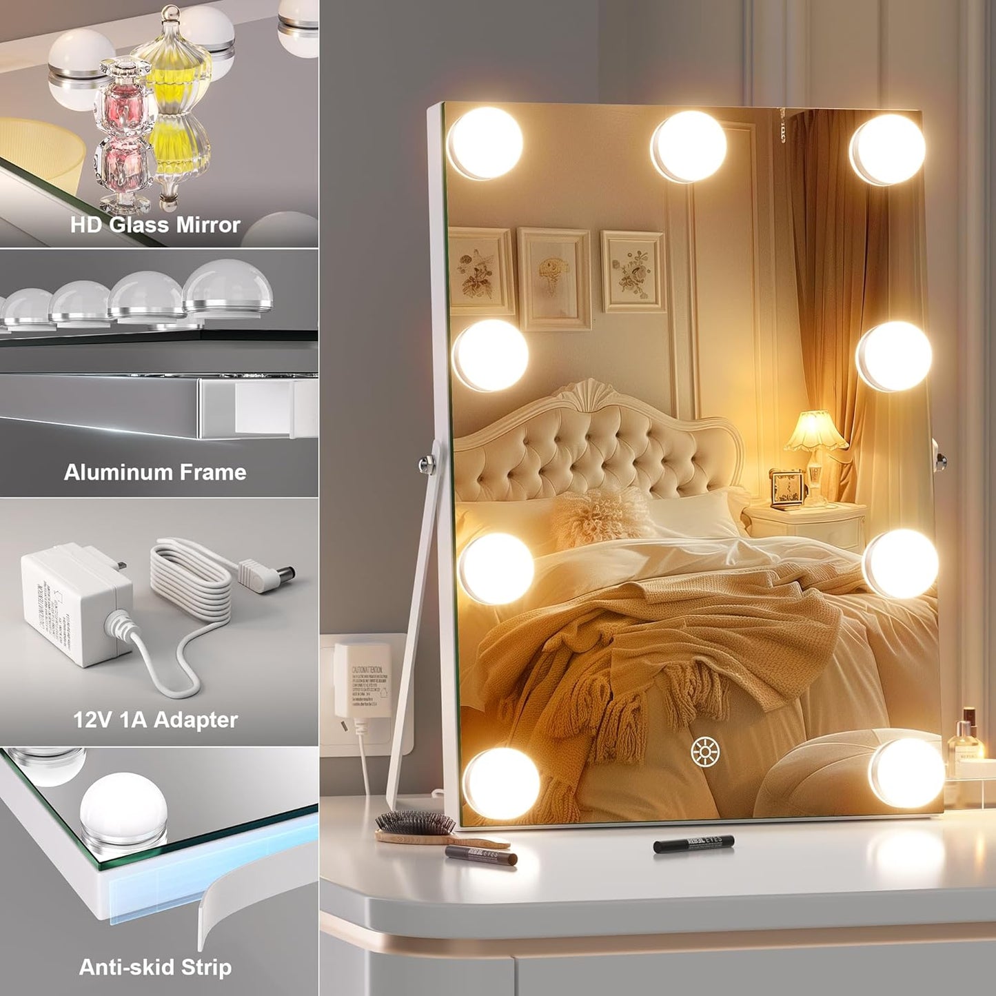 Vanity Mirror with Lights, 9.8" x 13.8" Hollywood Mirror, Makeup Mirror with 9 Dimmable Bulbs, Smart Touch 3 Colors Dimmable, 360° Rotation, White