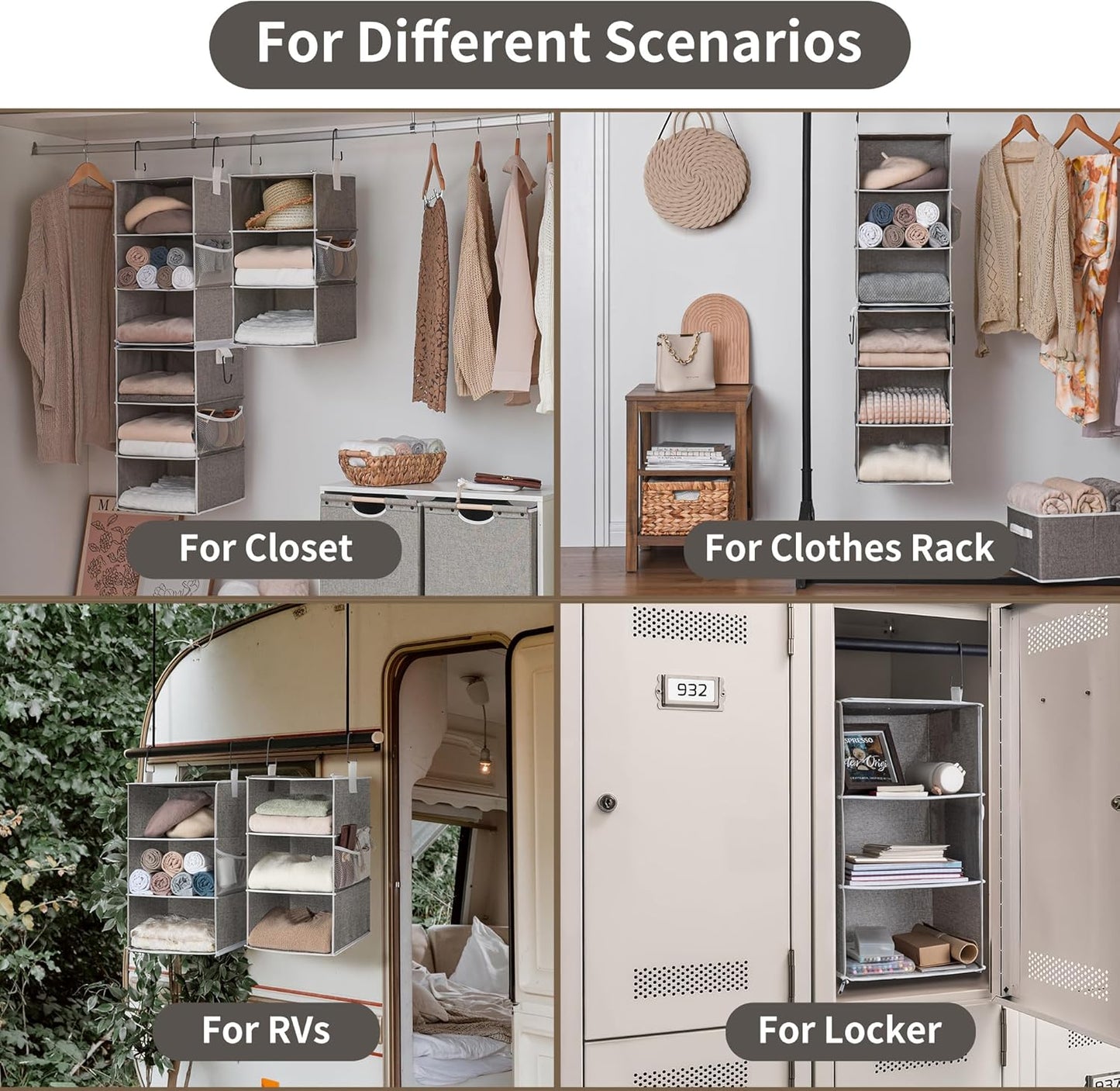 6-Shelf Hanging Closet Organizers, Two 3-Shelf Separable Closet Hanging Shelves, Canvas, Gray, 12" D x 12" W x 48 ¼"H