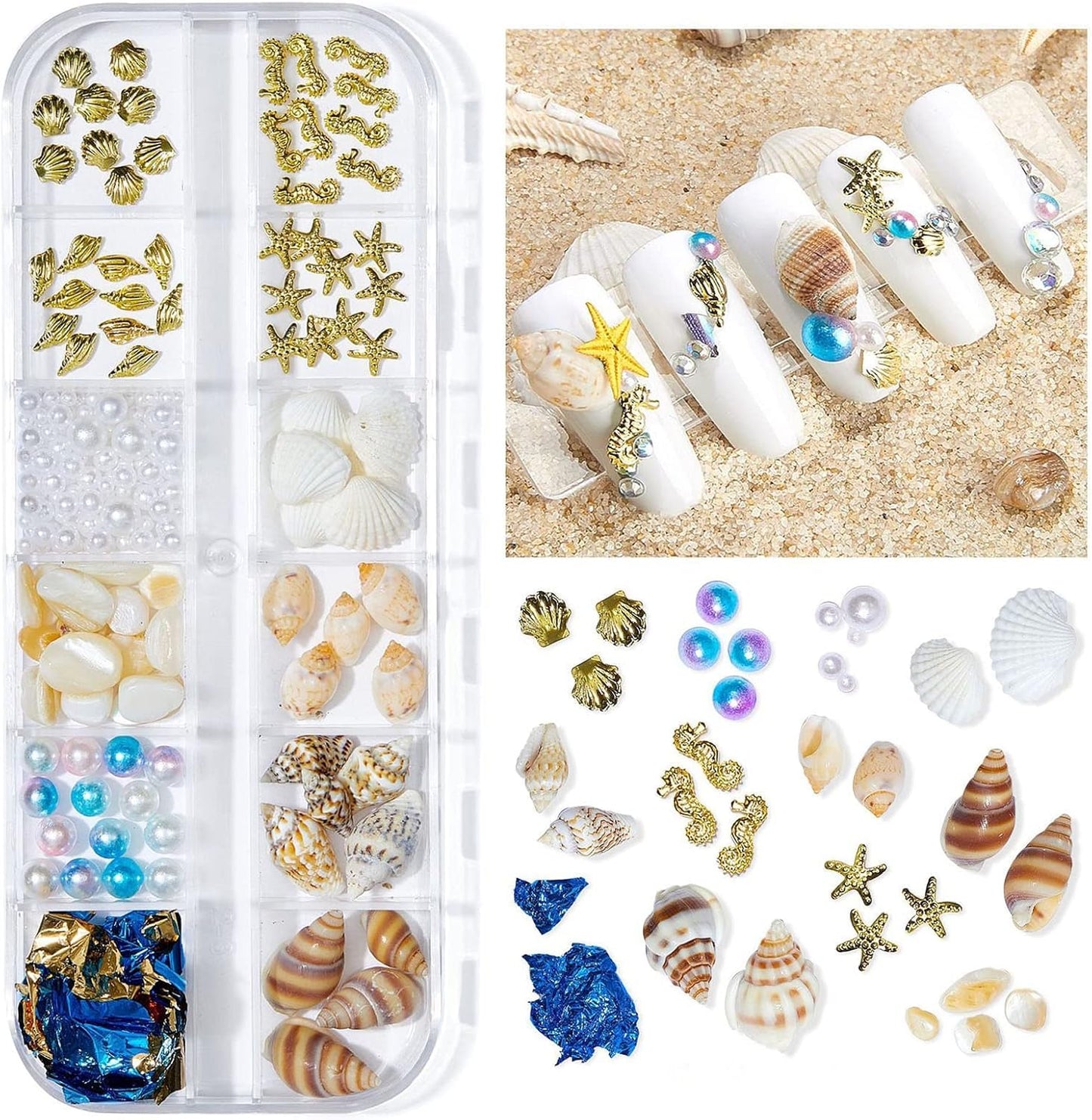 2 Boxes Summer Beach Nail Art Rhinestones Accessories Ocean Theme Shell Starfish Conch Nail Studs Sea Series Nail Art Rivets Charms Supplies for Nail Art Designs DIY Manicure Decoration