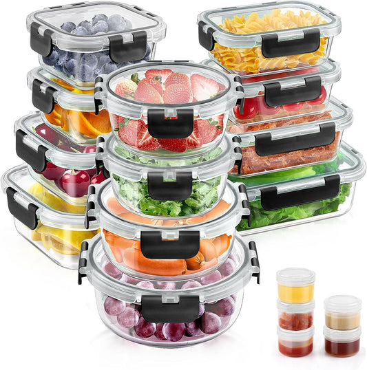 34pcs Glass Food Storage Containers with Lids Set, Airtight Glass Meal Prep Containers (17 Containers & 17 Lids),Leak Proof Lunch Containers BPA-Free, Microwave, Oven, Freezer & Dishwasher